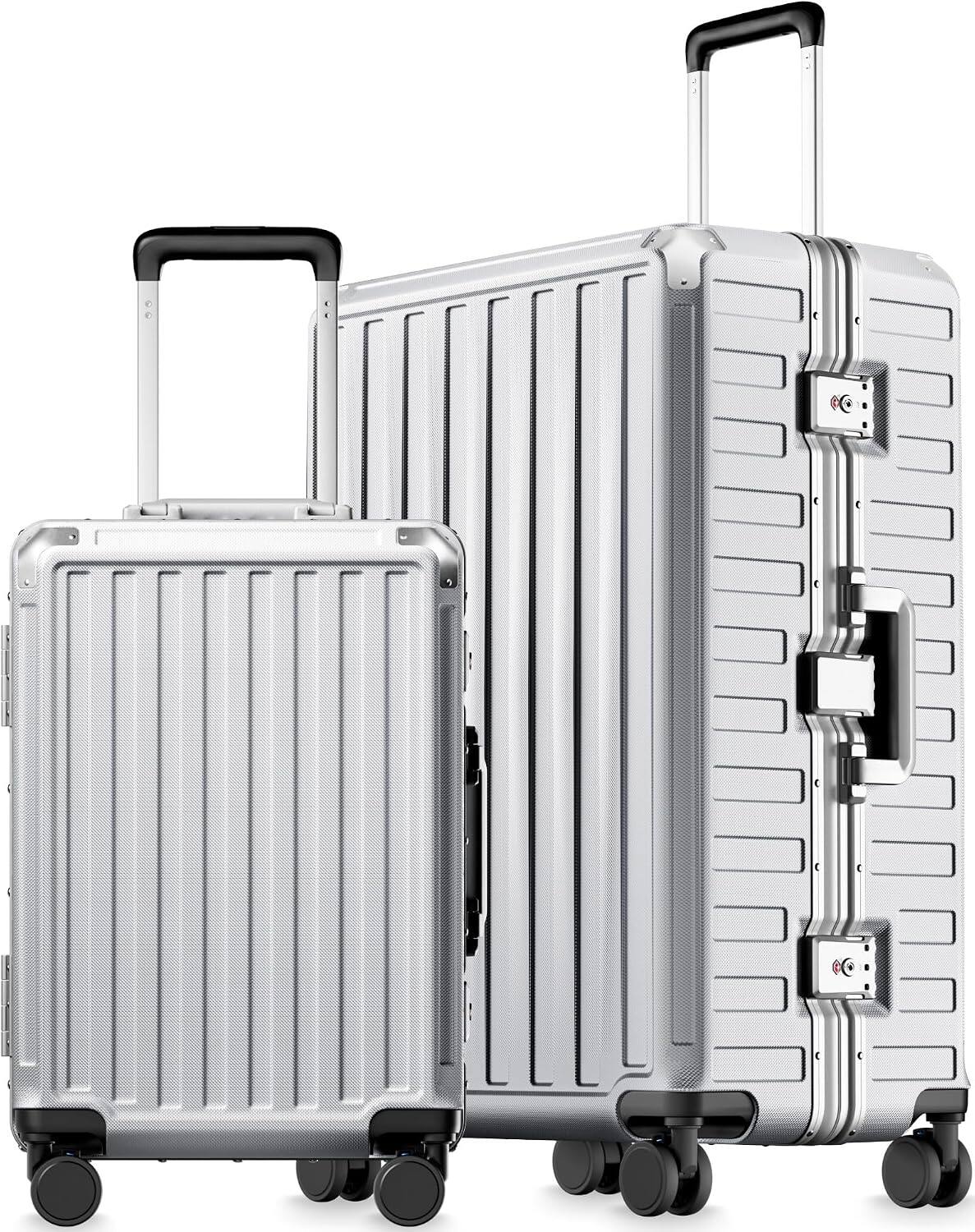 LUGGEX - 2 Piece Sets 20" Carry on Luggage and 28" Checked Luggage, Aluminum Frame Zipperless PC Suitcase 8010S - ZX-Core - Silver