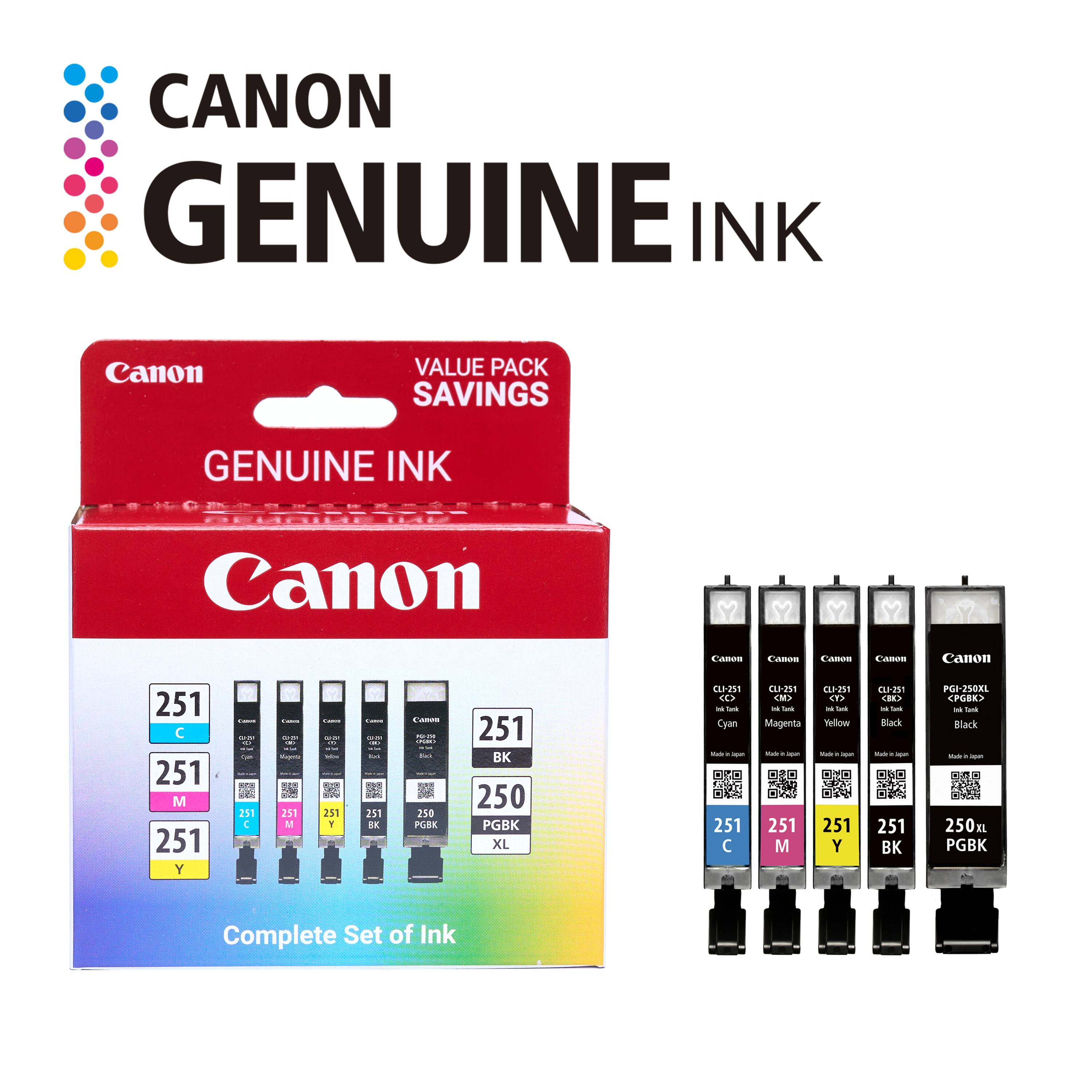 CANON GENUINE INK Canon Value Pack Savings GENUINE INK Canon Canos Canoe Csos Canon 251 C 251 M 251 Y - H 211 C - 211 251 F - 251 EX - 2d 250 PGRK 251 BK 250 PGBK XL GEDI SE. - -a Cyan - . - 251 M - Magenta - . - 251 M - Vellow - - - 251 Y - U-251 -. - - Black - 251 K - PGI-250XL - - Black 250m E - PGBK Complete Set of Ink