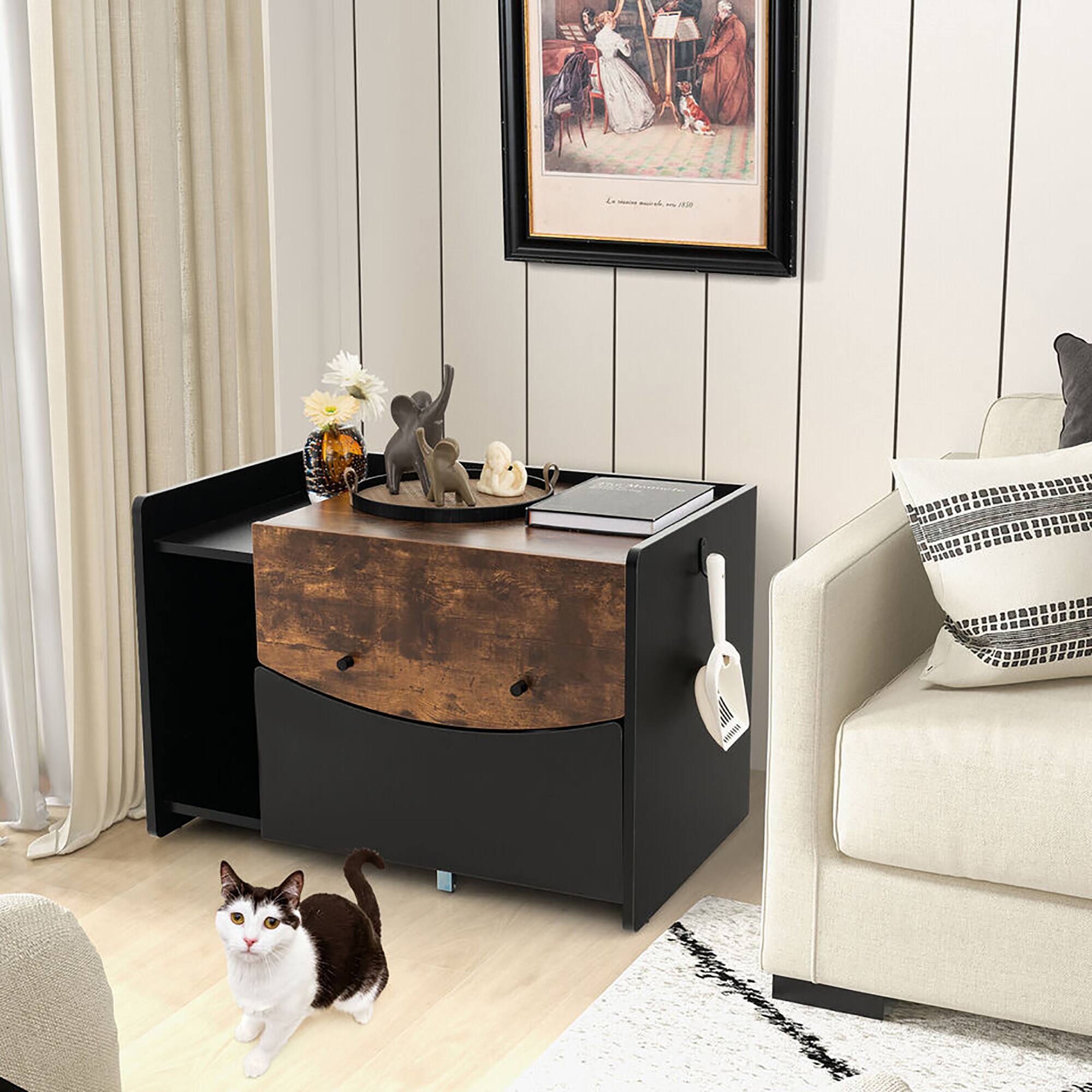 Alt View 1. Gymax - Gymax Cat Litter Box Enclosure w/ Pull-out Drawer Flip Door Rolling Caster Indoor Black - Black, Coffee.