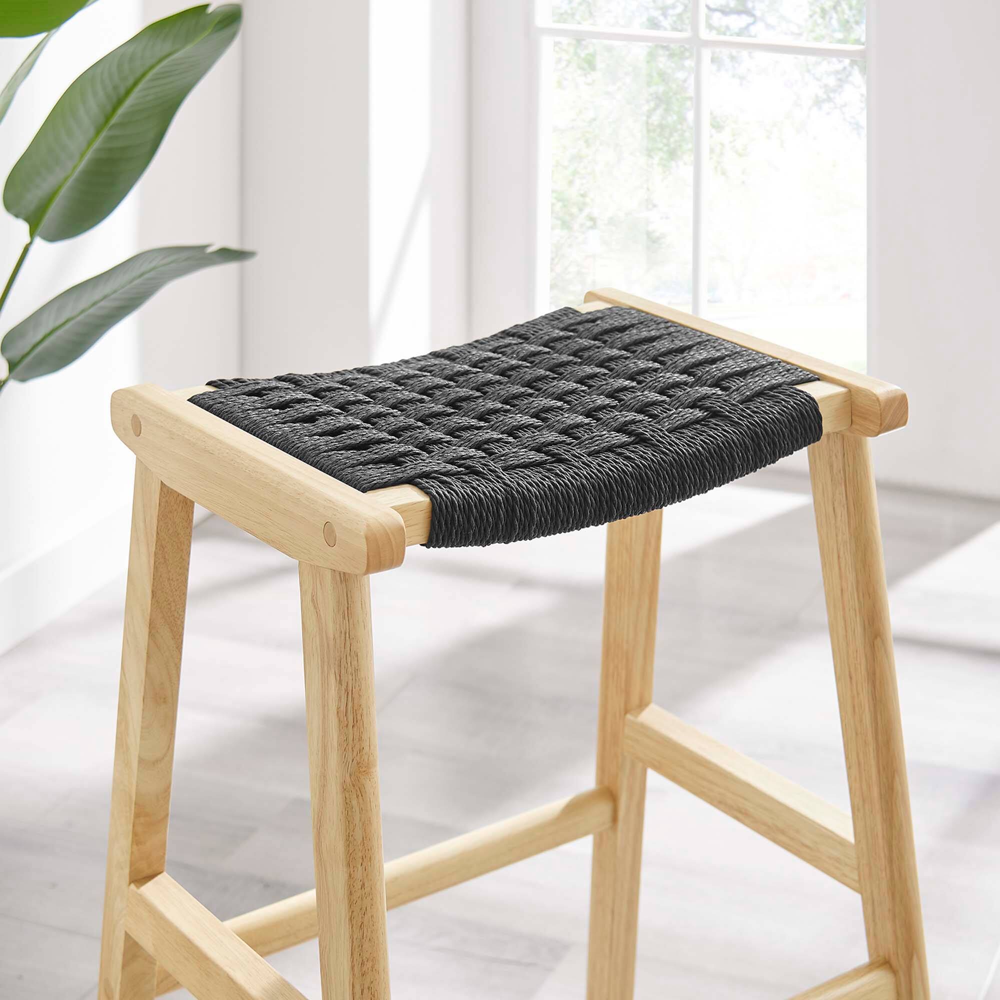 Alt View 5. Modway - Saoirse Woven Rope Wood Bar Stool Set of 2 - Black.