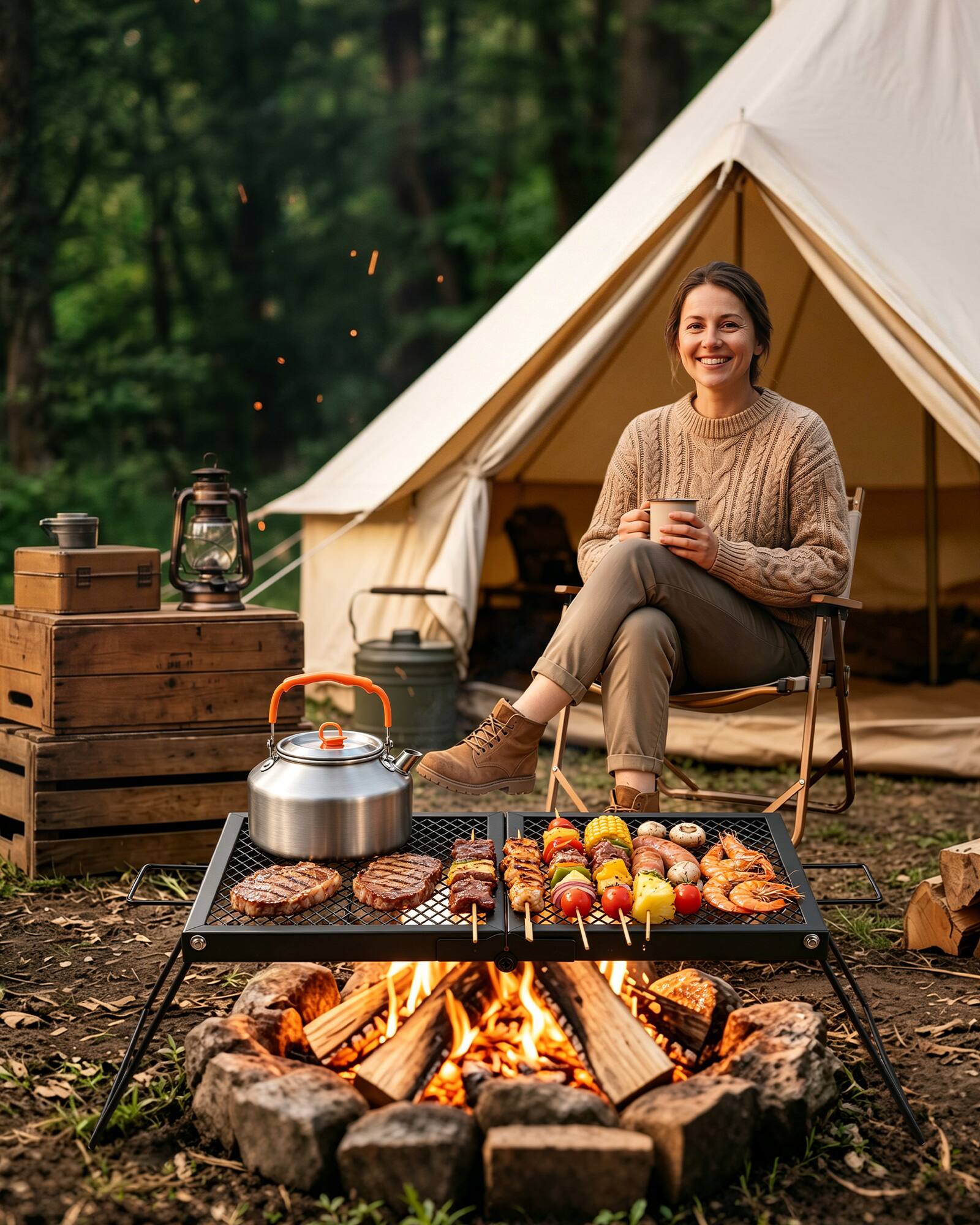 Alt View 3. VEVOR - Heavy Duty Folding Campfire Grill, 24" Portable Camping Grill Grate, Sturdy Steel Mesh, Compact Equipment Over Fire Pit - Black.