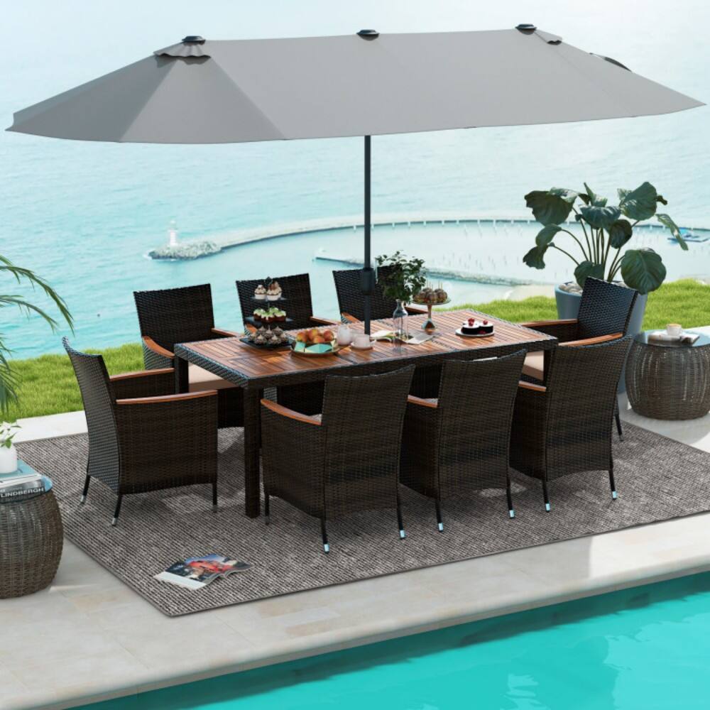 Left. Mondawe - 10 Piece Outdoor Dining Set with 15 Feet Double-Sided Twin Patio Umbrella - Grey.