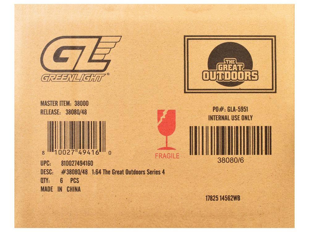 GE GREENLIGHT THE GREAT OUTDOORS  
MASTER ITEM: 38000  
RELEASE: 38080/48  
PO#: GLA-5951  
INTERNAL USE ONLY  
8 10027 49416 0  
FRAGILE  
UPC: 810027494160  
DESC: #38080/48 1:64 The Great Outdoors Series 4  
QTY: 6 PCS  
MADE IN CHINA  
38080/6  
17825 14562WB