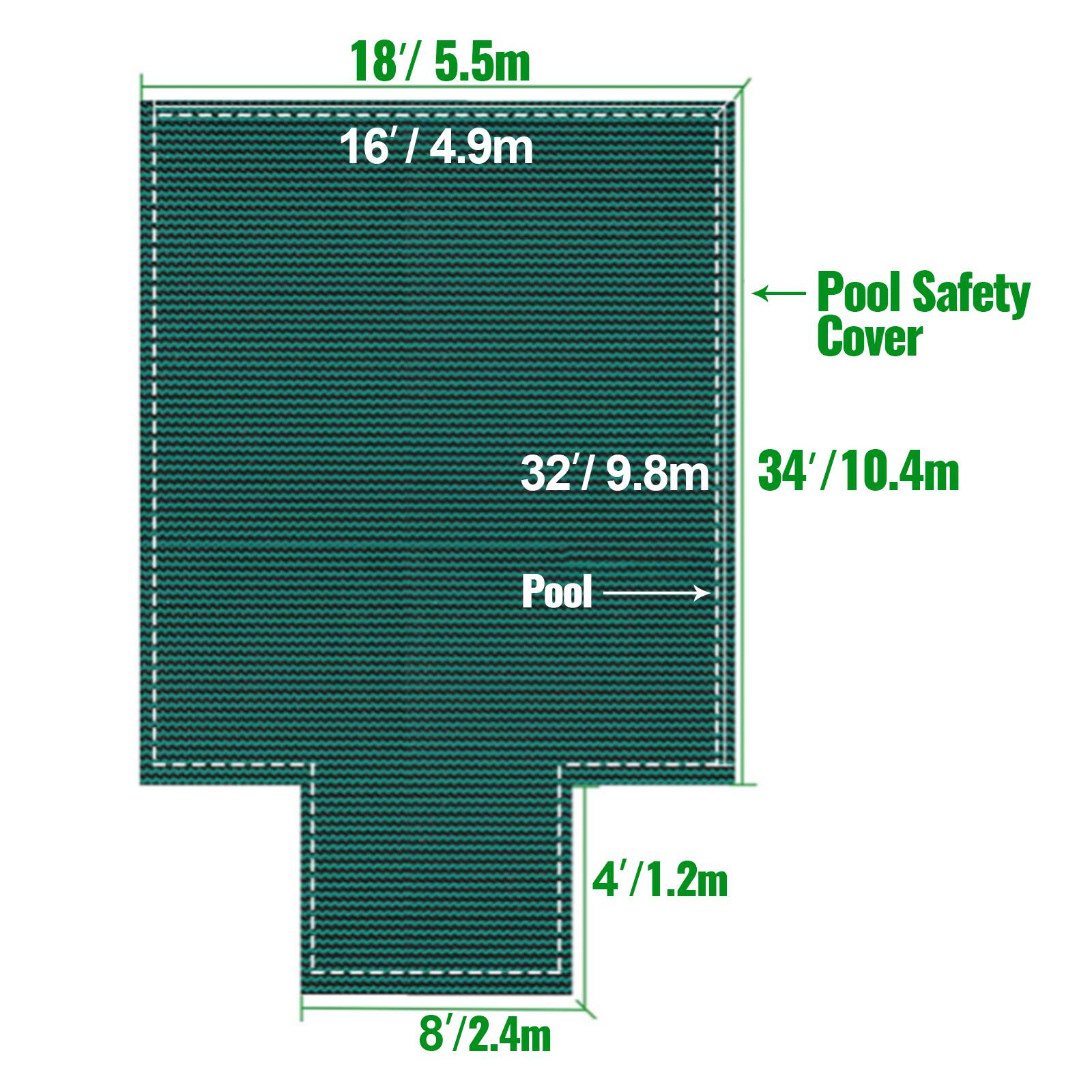 18'/ 5.5m, 16'/ 4.9m, 32'/ 9.8m, 34'/ 10.4m, 4'/ 1.2m, 8'/ 2.4m, Pool Safety Cover, Pool