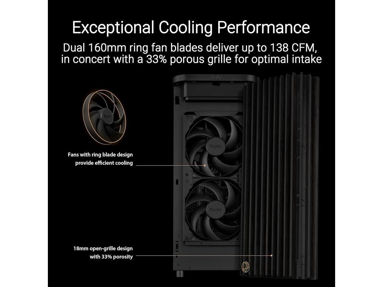 Exceptional Cooling Performance

Dual 160mm ring fan blades deliver up to 138 CFM, in concert with a 33% porous grille for optimal intake

Fans with ring blade design provide efficient cooling

18mm open-grille design with 33% porosity