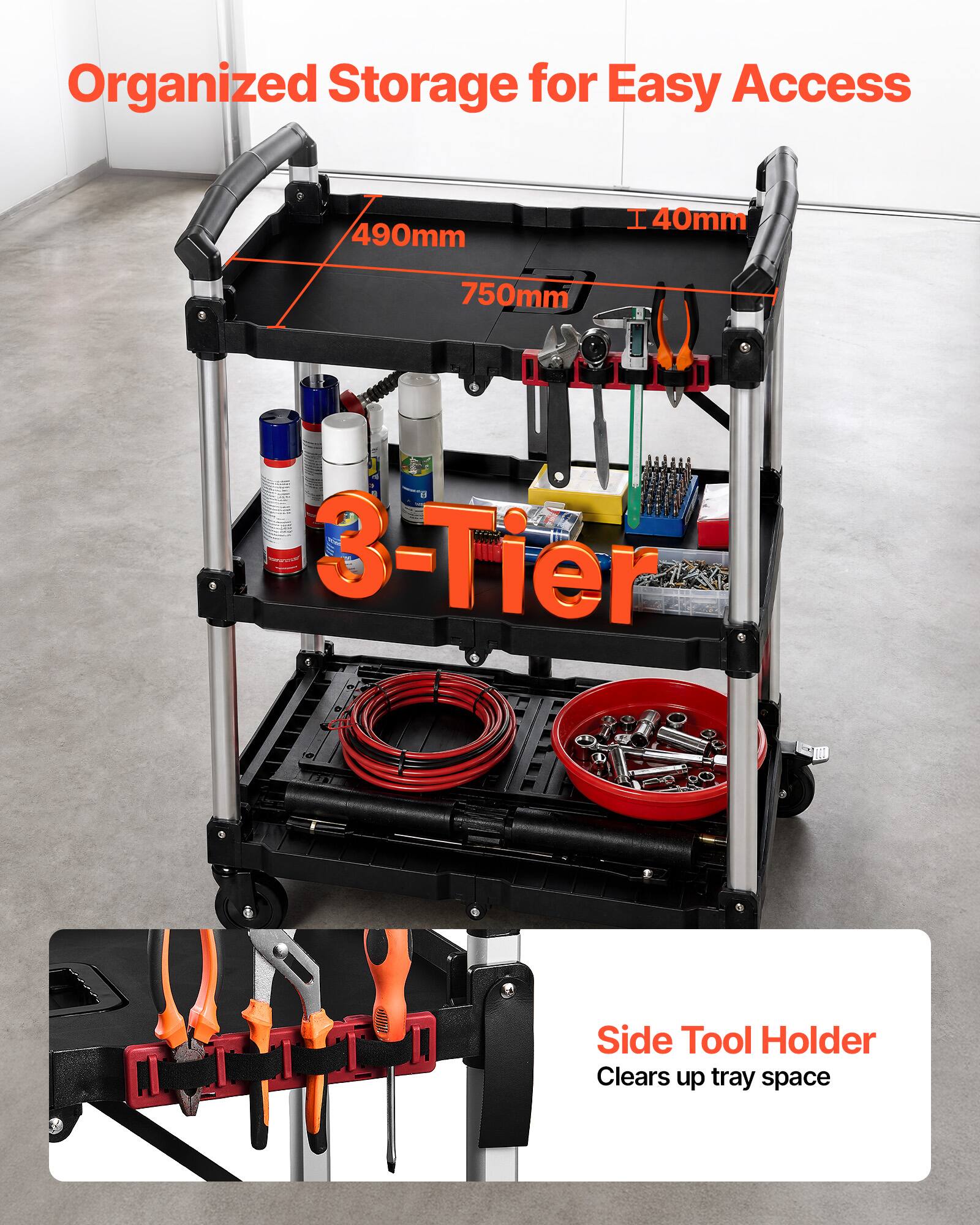 Organized Storage for Easy Access

490mm x 40mm x 750mm

1 - 3-Tier Side Tool Holder

Clears up tray space