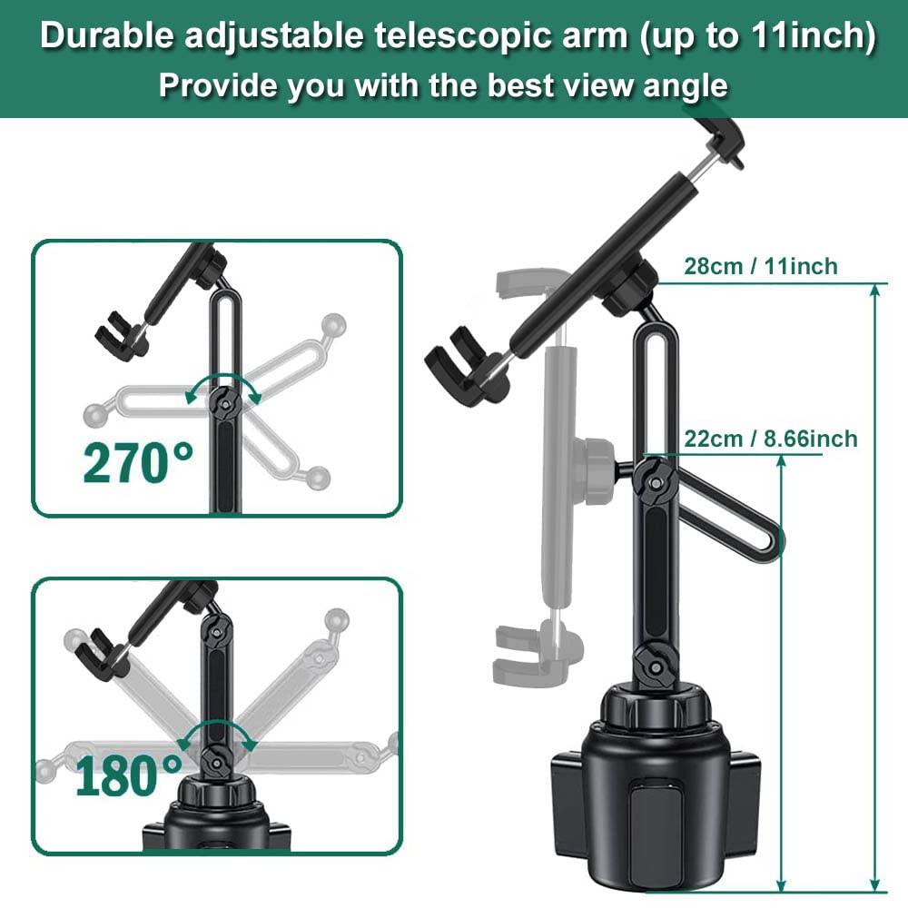 Durable adjustable telescopic arm (up to 11 inch)  
Provide you with the best view angle  

270°  
28cm / 11 inch  
22cm / 8.66 inch  

180°