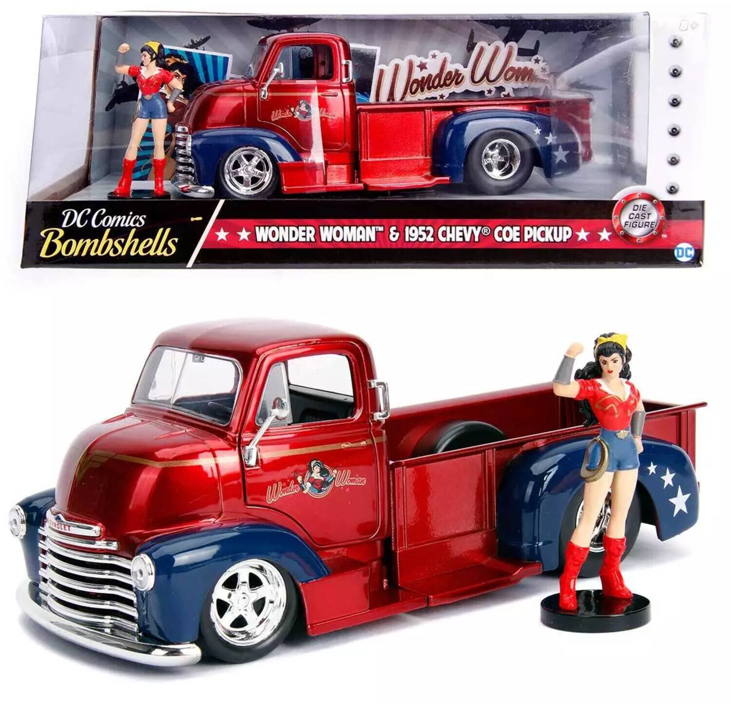 The text on the image is:

"DC Comics Bombshells WONDER WOMAN & 1952 CHEVY COE PICKUP DIE CAST FIGURE DC"

Corrected and grouped text:

"DC Comics Bombshells WONDER WOMAN & 1952 CHEVY COE PICKUP DIE CAST FIGURE DC"