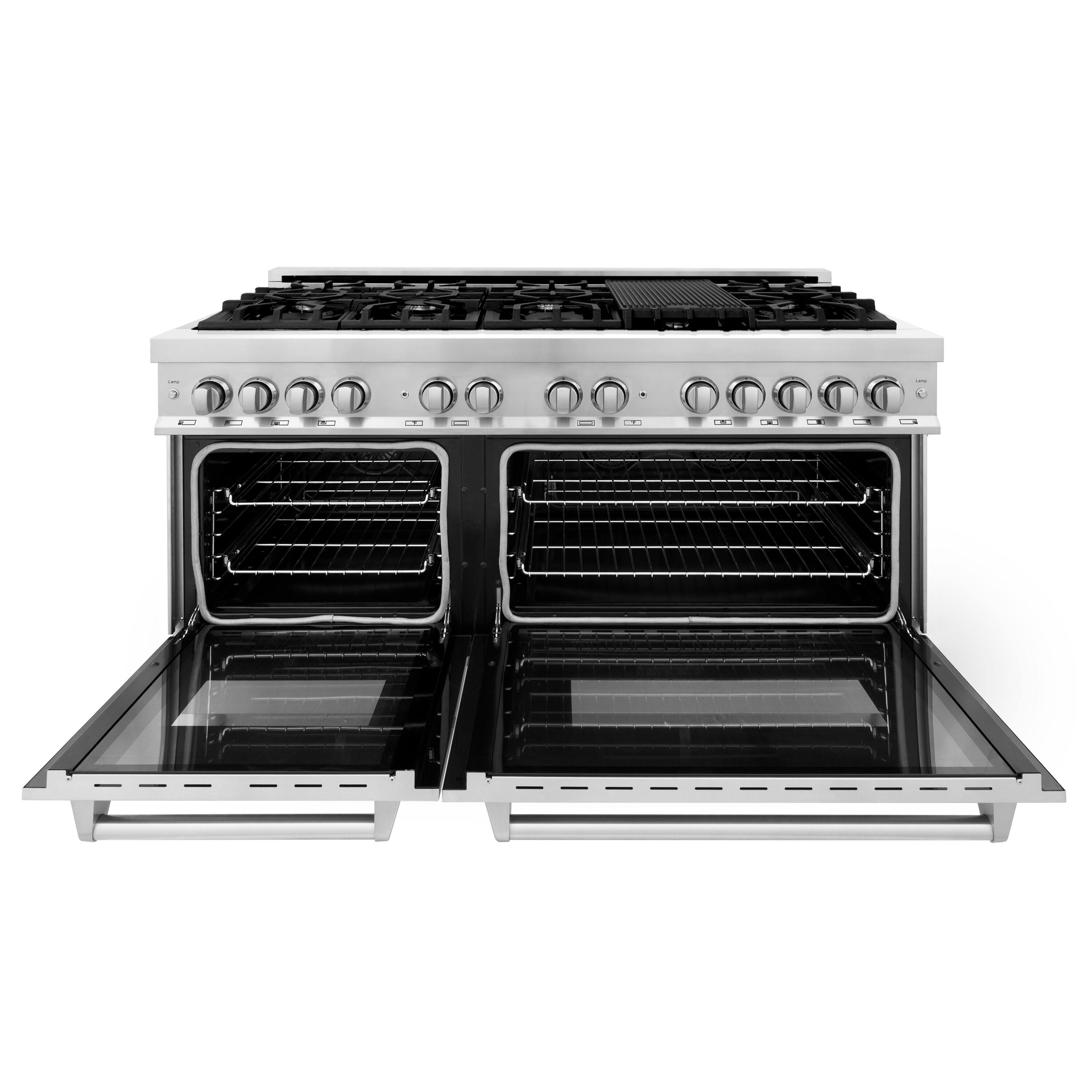 Angle. ZLINE - 60" Legacy Dual Fuel Range w/ 9 Burner Gas Cooktop and 2 Electric Convection Ovens (RA60) - Stainless steel.