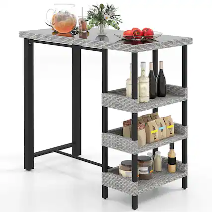 Front. Costway - Costway 43.5" Outdoor Bar Table with Tempered Glass Top & 3 Rattan Shelves Storage - Gray.