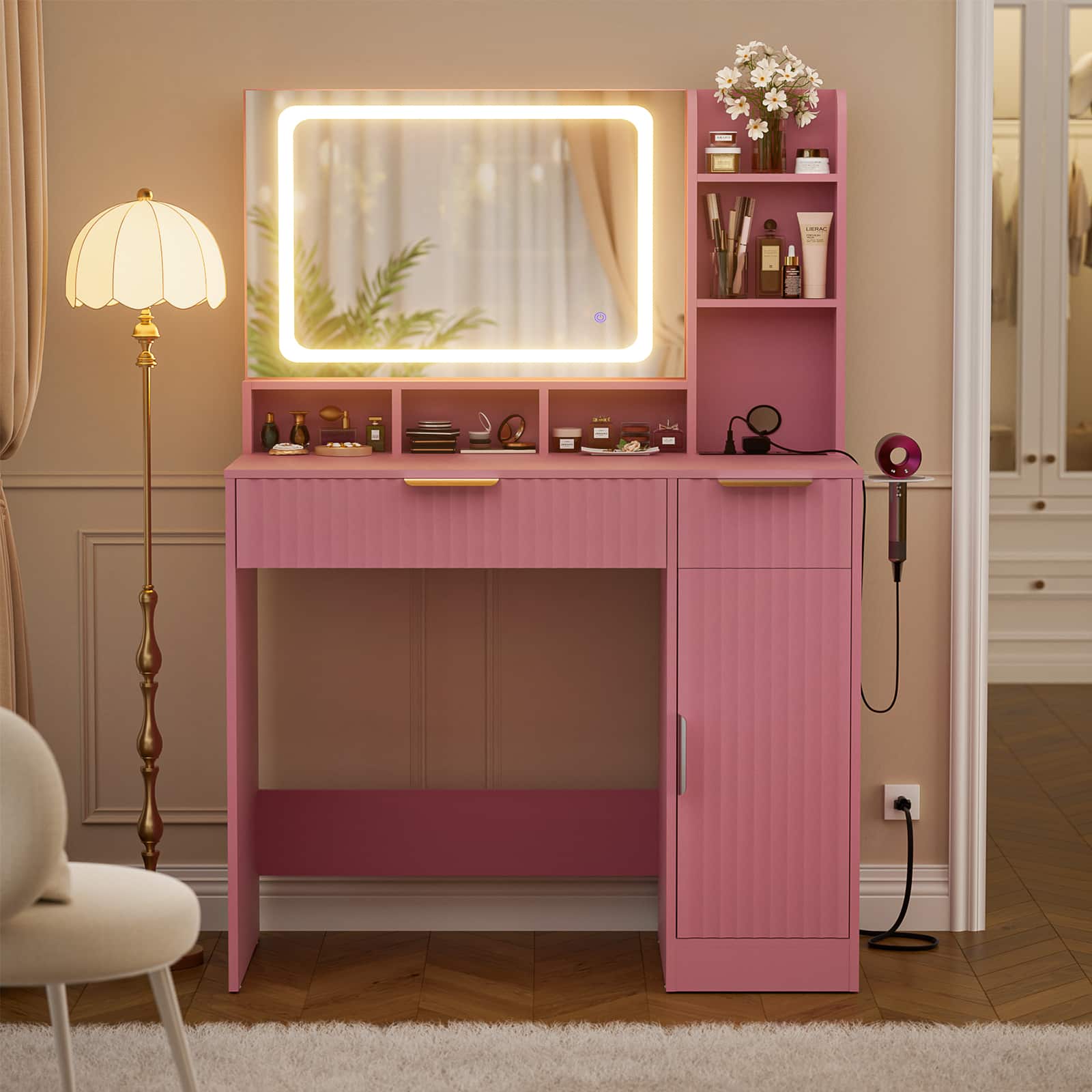 Aheaplus - Fluted Makeup Vanity Desk with Lighted Mirror and Drawers, Wooden Vanity Table with Outlets and Storage Cabinet - Pink