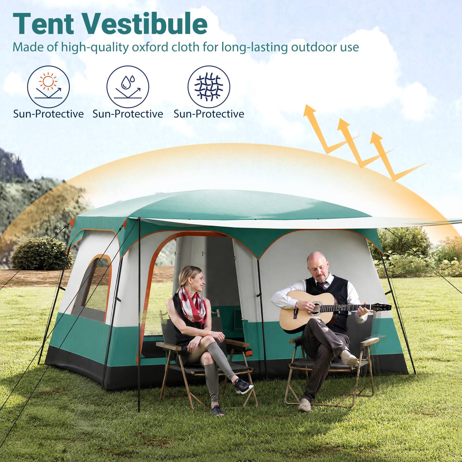 Tent Vestibule  
Made of high-quality oxford cloth for long-lasting outdoor use  

Sun-Protective  
Sun-Protective  
Sun-Protective