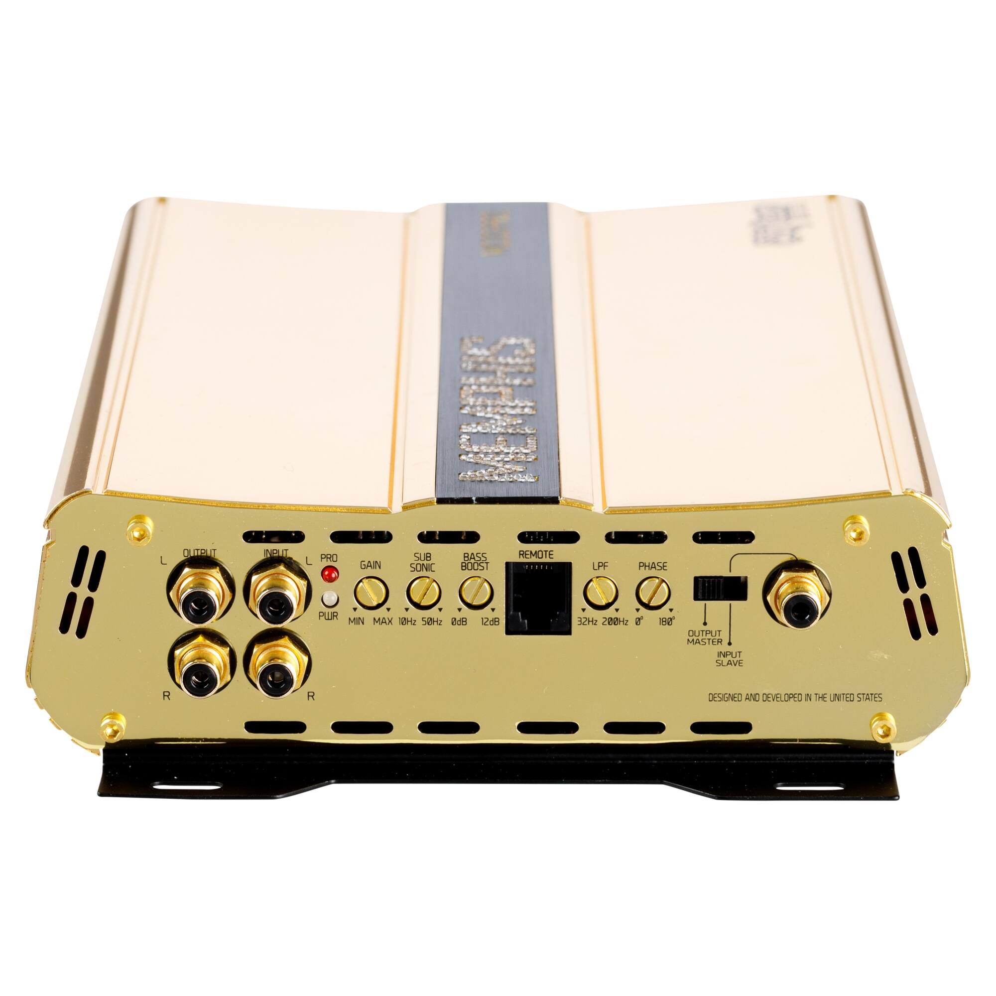 Sure, here is the corrected and grouped text from the image:

---

**Top Section:**

- ES L OUIBLO STH L PRO GAIN S SONIC HASS BO0ST n0. REMOTE LPS PHASE : PUR MIN MAX 5 HM U2dl 1294 2004 2 . OUTPUT MASTER TLPS CLAVE R N DESINO ANC DEVELOPED e DE UNITID STATES

**Left Section:**

- L OUTPUT
- L INPUT
- L PRO
- GAIN
- SUB SONIC
- BASS BOOST
- MIN MAX 10Hz - 50Hz - 80Hz
- 12dB

**Right Section:**

- REMOTE
- LPS
- PHASE
- 32Hz - 280Hz
- OUTPUT MASTER SLAVE
- DESIGNED AND DEVELOPED IN THE UNITED STATES

---

This should reflect the layout and content of the text on the image.