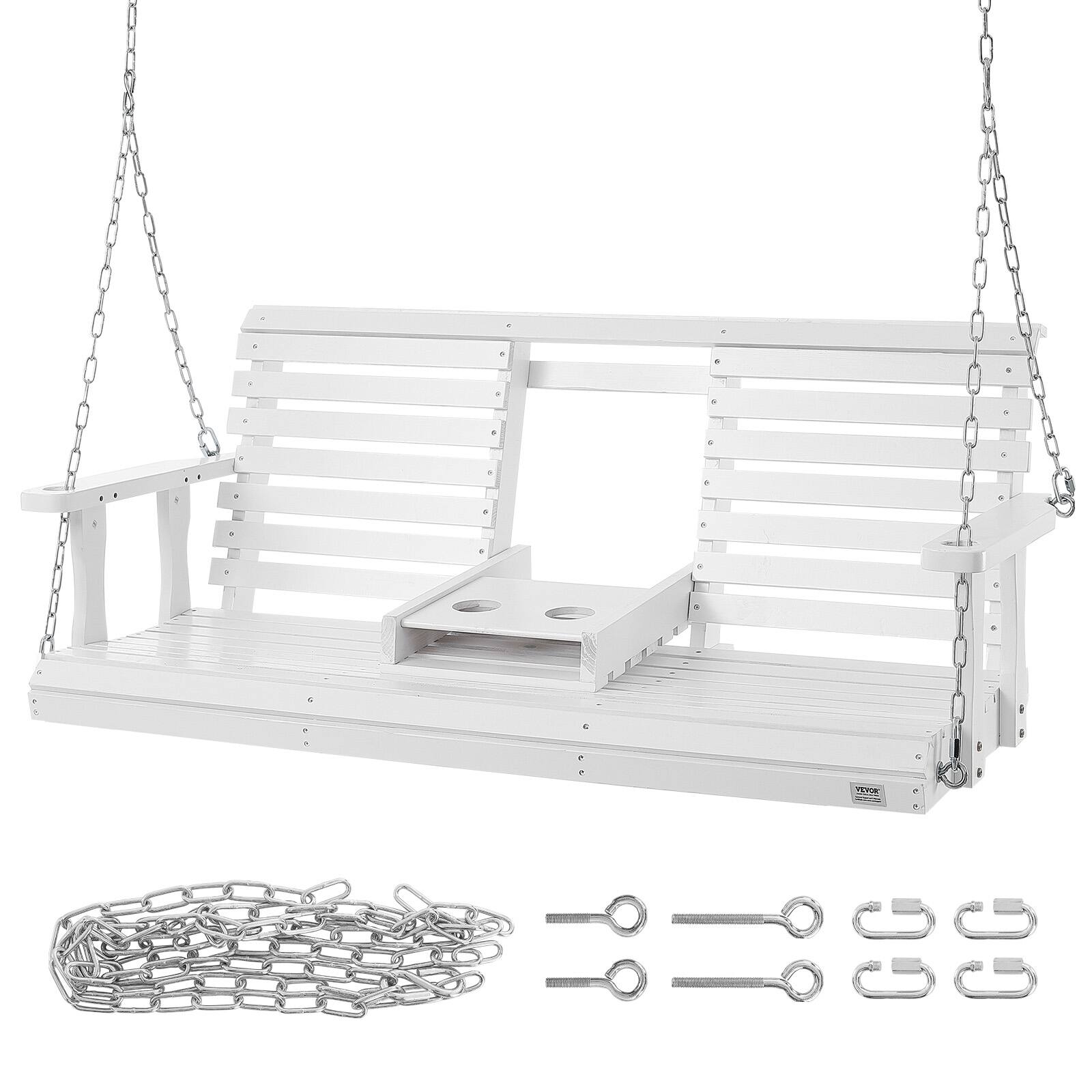 Alt View 5. VEVOR - Wooden Porch Swing 5 ft, Patio bench swing for Courtyard & Garden, Upgraded 880 lbs Strong Load Capacity - White.
