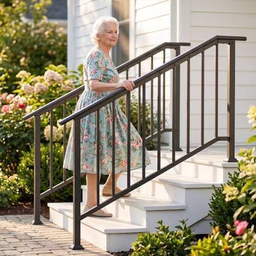 Alt View 7. Winado - Handrails 4-Step with Straight End, Wrought Iron Stair Railing for Concrete Indoor Outdoor Steps Fits Garden Porch - Black.