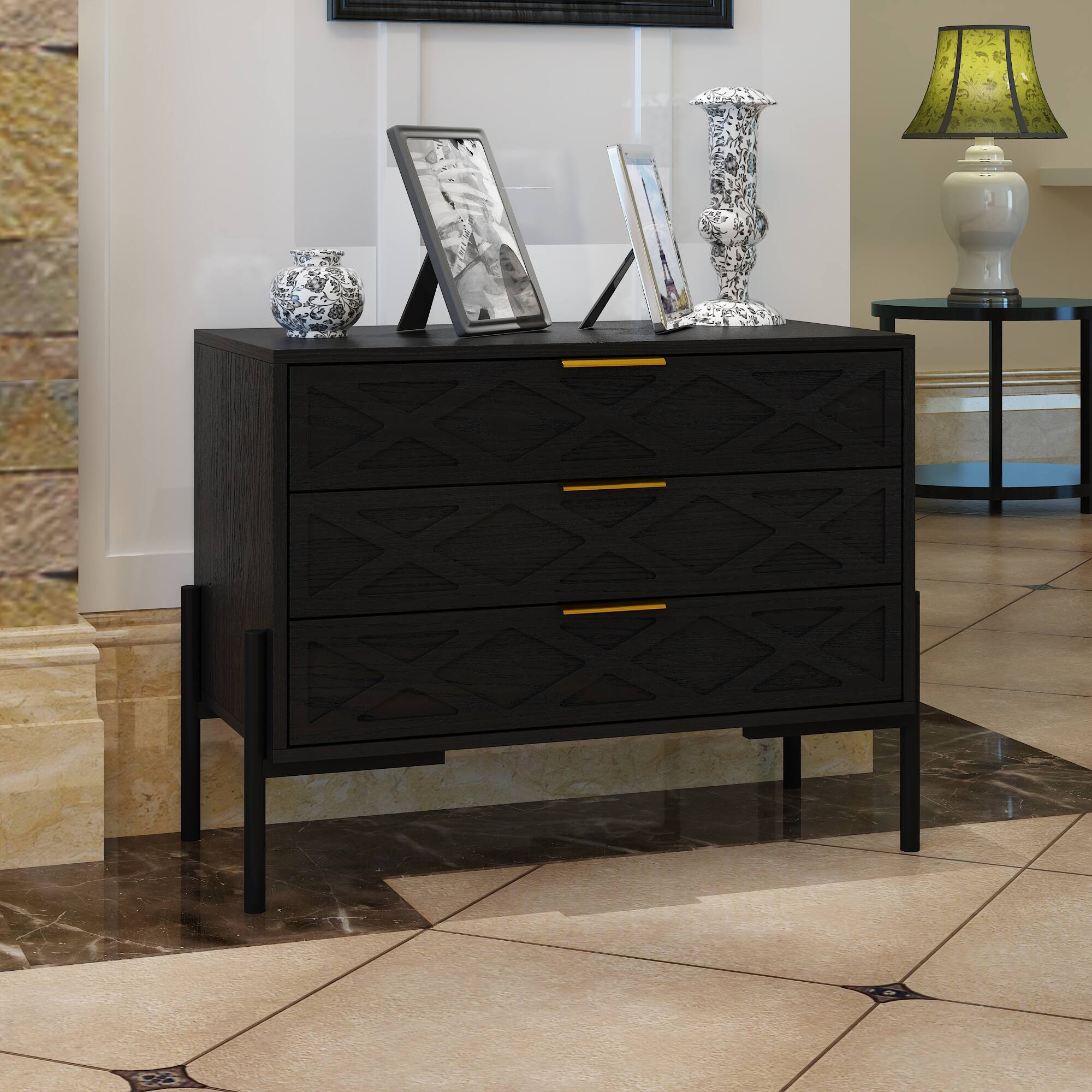 Back. FUFU & GAGA - 3-Drawer Multi-Functional Dresser Storage Cabinet with Silent Tracks for Bedroom, Living Room - Black.
