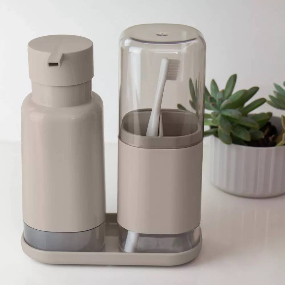 Angle. OU - OU Soap Dispenser & Toothbrush Holder, Dual Bathroom Set 17oz Soap Dispenser, Nonslip Brush Holder - Beige - Beige.