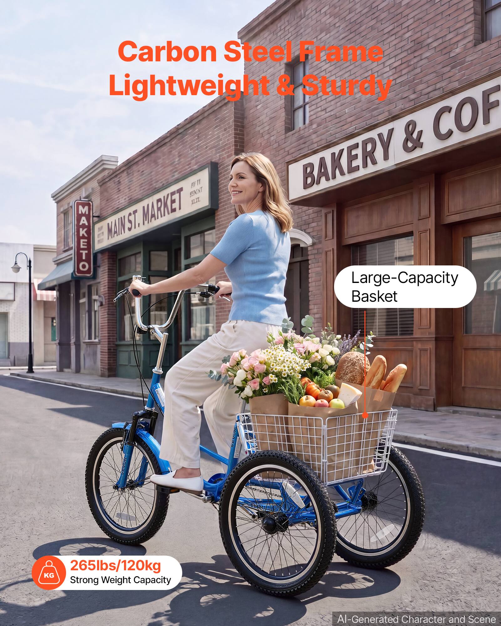 Carbon Steel Frame Lightweight & Sturdy

BAKERY & COFFEE
MAIN ST. MARKET MAKETO

Large-Capacity Basket

265lbs/120kg KG Strong Weight Capacity

AI-Generated Character and Scene
