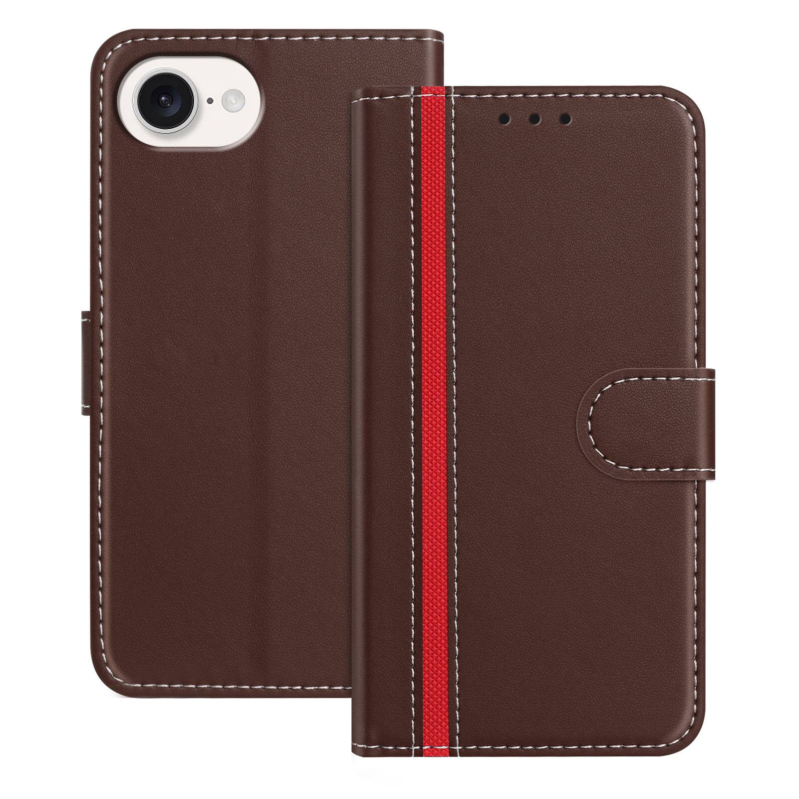 Front. Dteck - Slim Card Holder Case for Apple iPhone 17e / 16e,PU Leather Magnetic Closure Shockproof TPU Inner Flip Wallet Cover - Brown.