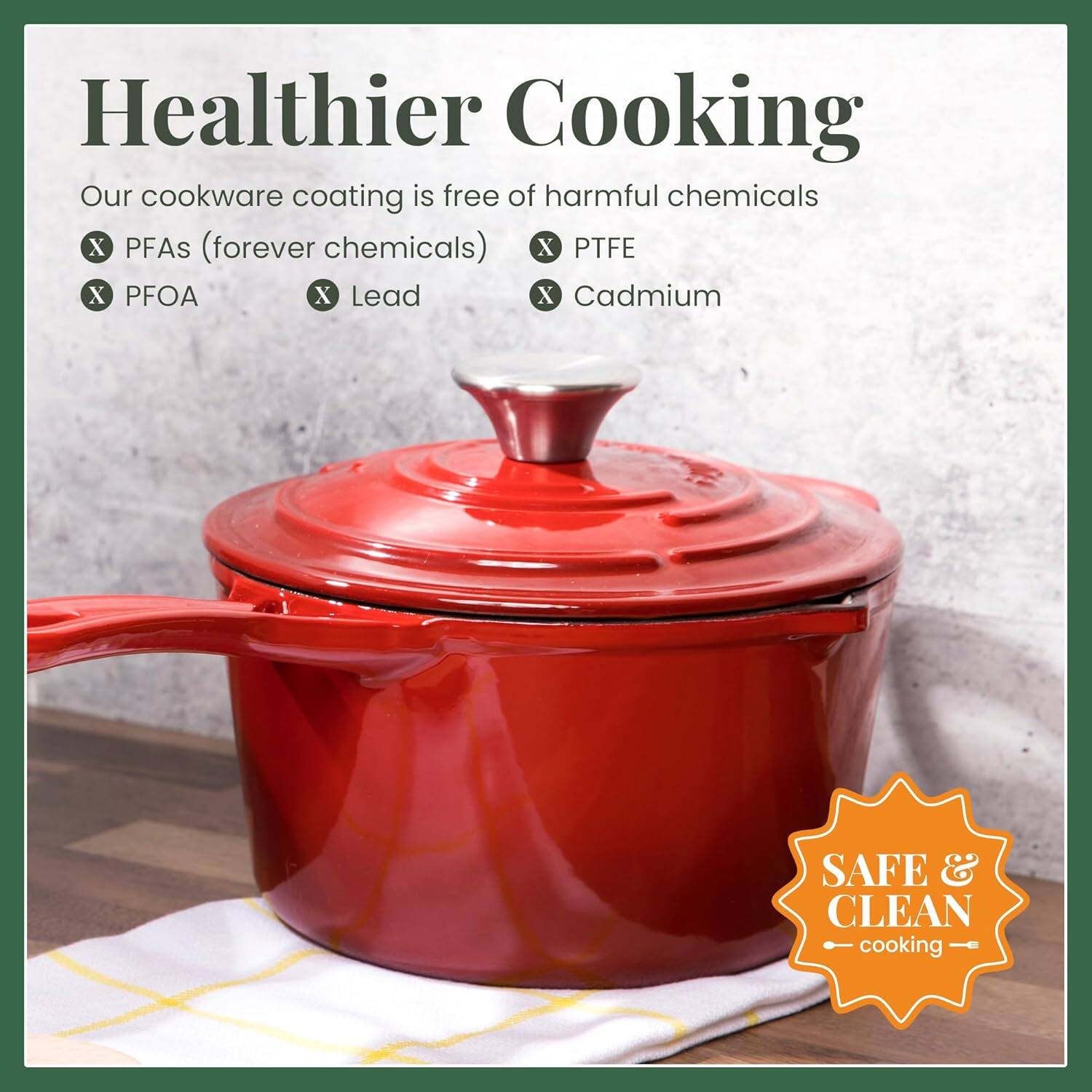Healthier Cooking

Our cookware coating is free of harmful chemicals:
- PFAs (forever chemicals)
- PTFE
- PFOA
- Lead
- Cadmium

SAFE & CLEAN cooking
