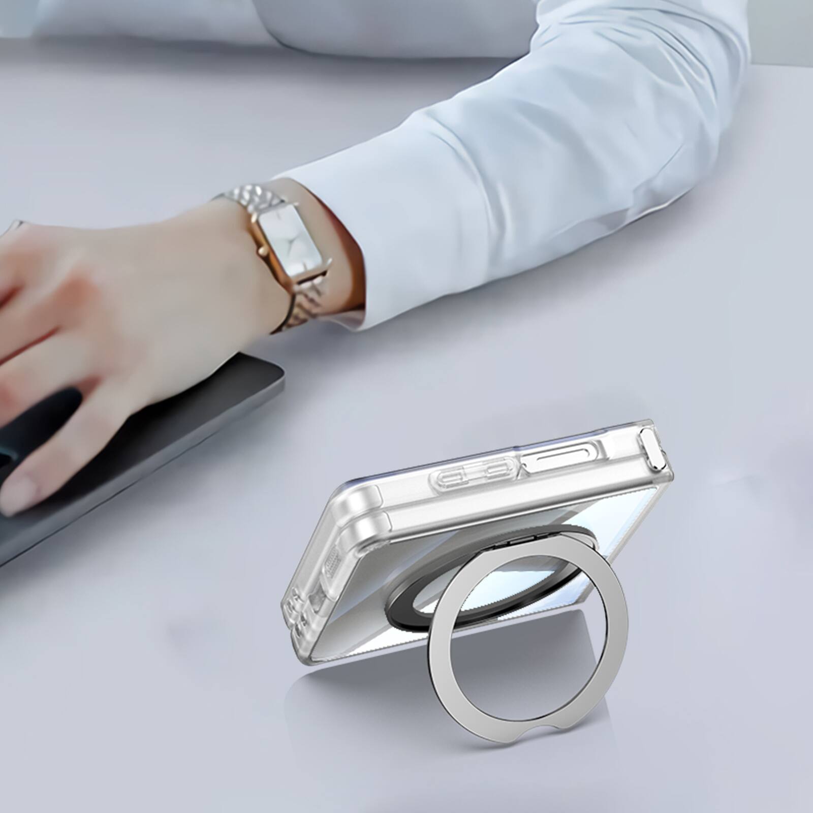 Alt View 3. Dteck - Magnetic Clear Case For Samsung Galaxy Z Flip 7, Shockproof Anti-Scratch 360° Ring Holder Stand PC+TPU Protection Cover - White.