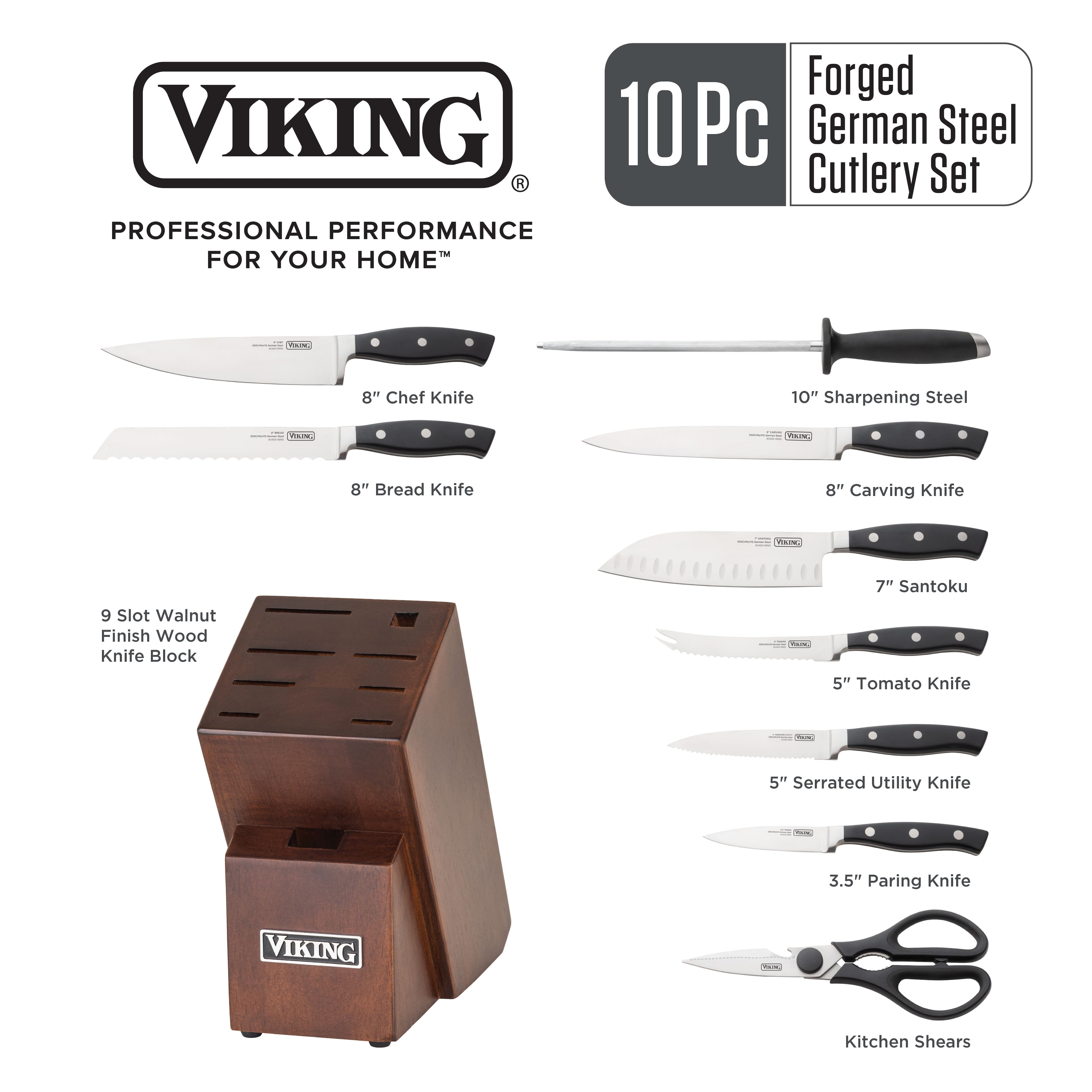 Viking - 10-Piece True Forged Cutlery Set with Walnut Block - Multicolor - Thumbnail 4