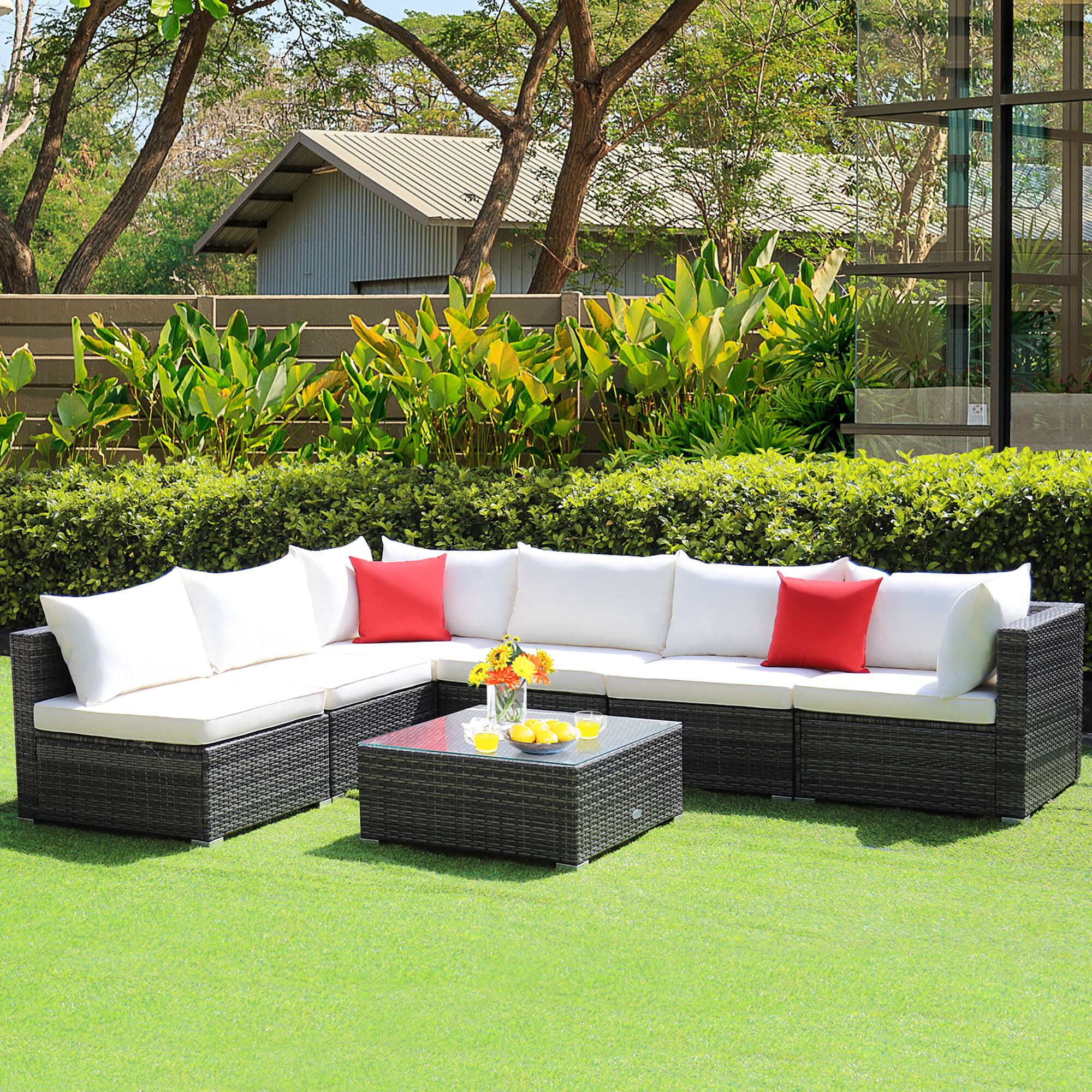 Alt View 3. Costway - 7PCS Patio Rattan Furniture Set Sectional Sofa Cushioned - Off White.