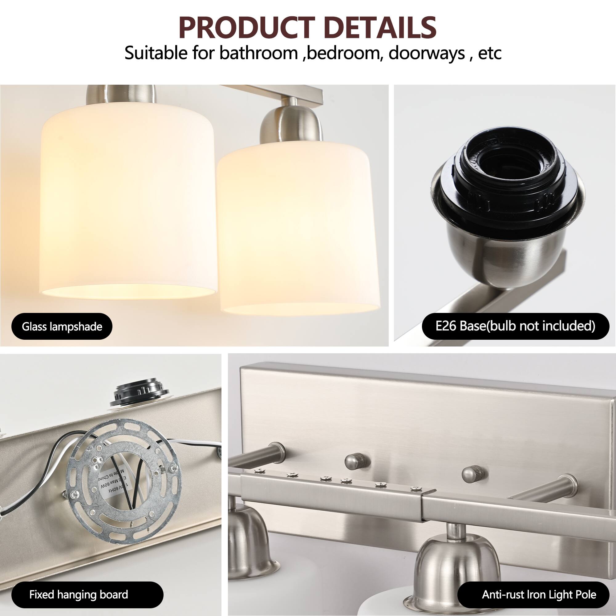 PRODUCT DETAILS  
Suitable for bathroom, bedroom, doorways, etc  

- Glass lampshade  
- E26 Base (bulb not included)  
- Fixed hanging board  
- Anti-rust Iron Light Pole