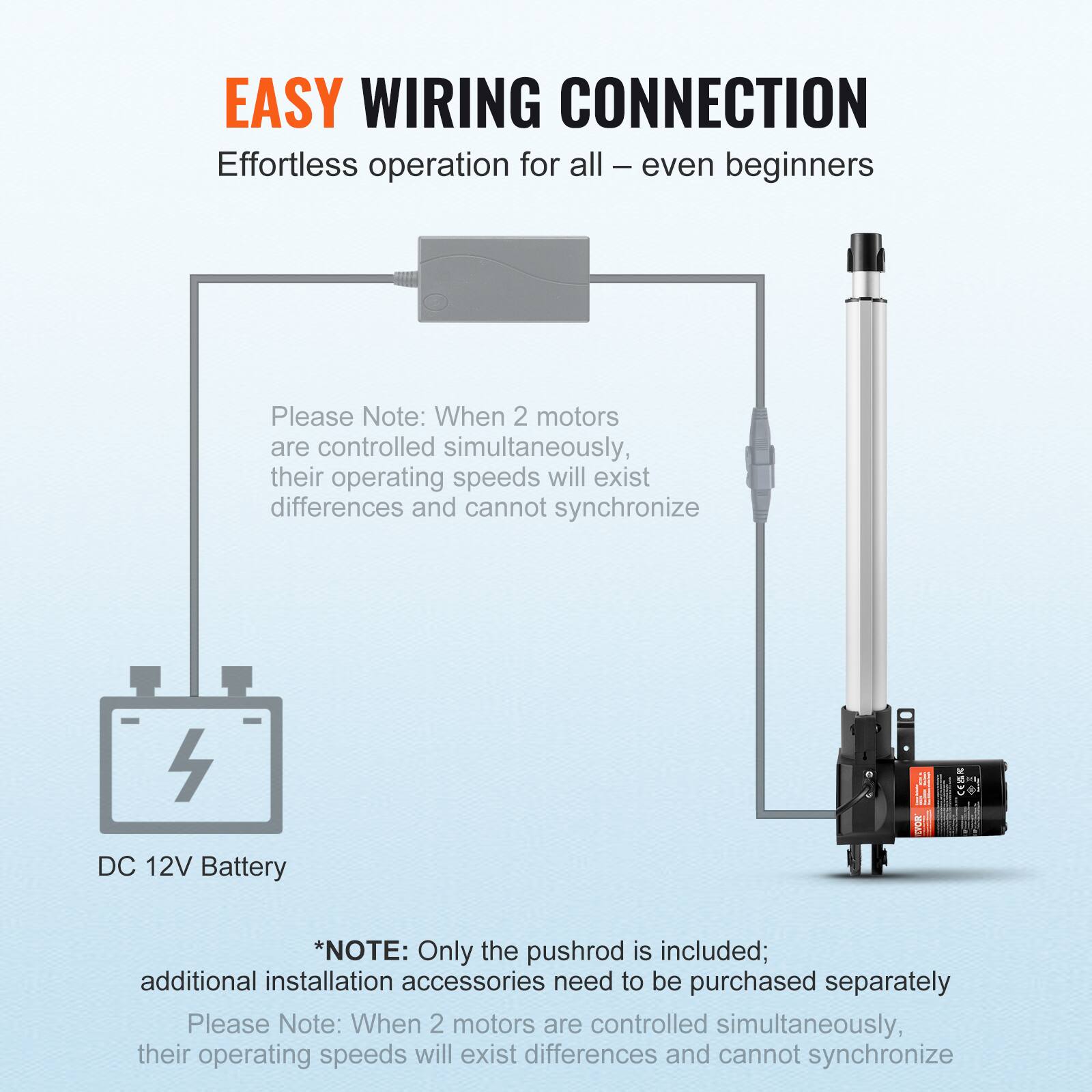 EASY WIRING CONNECTION  
Effortless operation for all – even beginners  

Please Note: When 2 motors are controlled simultaneously, their operating speeds will exist differences and cannot synchronize  

4 DC 12V Battery  

*NOTE: Only the pushrod is included; additional installation accessories need to be purchased separately  

Please Note: When 2 motors are controlled simultaneously, their operating speeds will exist differences and cannot synchronize
