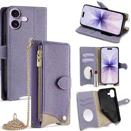 Dteck - Crossbody Wallet Case for Apple iPhone 17, Elegant Zipper PU Leather Folio Stand Protective Cover, Built-in Mini Mirror - Purple