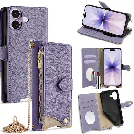 Front. Dteck - Crossbody Wallet Case for Apple iPhone 17, Elegant Zipper PU Leather Folio Stand Protective Cover, Built-in Mini Mirror - Purple.