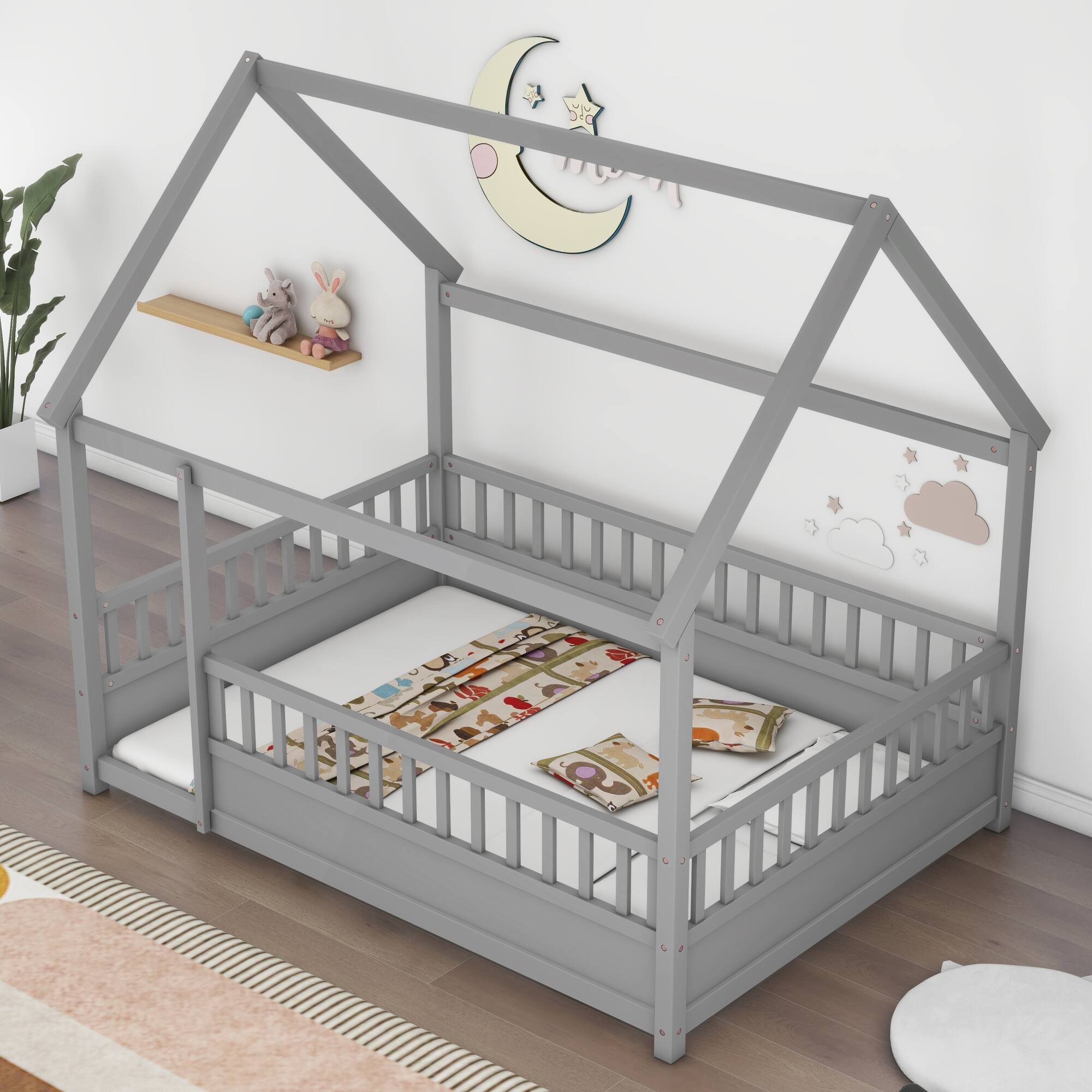 Alt View 2. GOODSILO - Full Size Floor Bed with Decorative House Roof Frame and Safety Guardrails for Children's Bedroom - Grey.