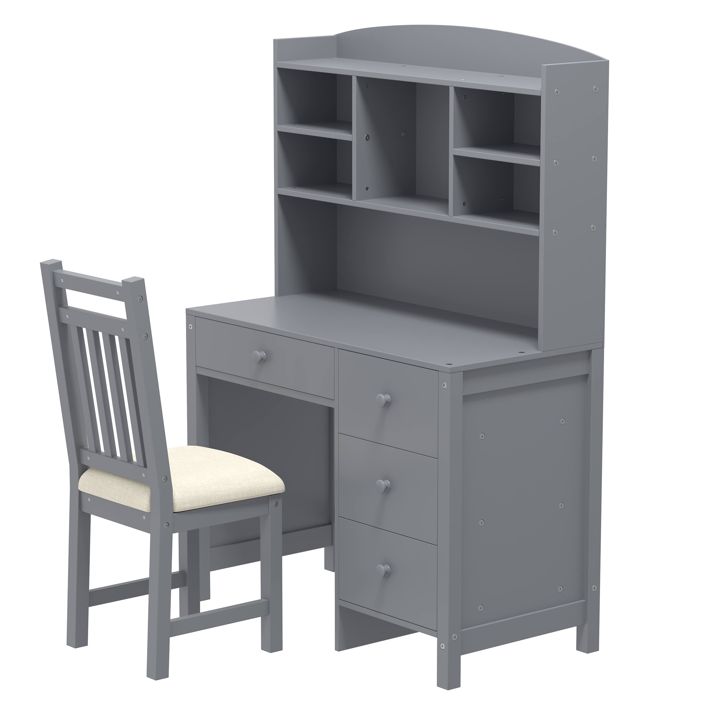 Alt View 7. GOODSILO - 40'' Home Executive Desk & Upholstered Chair Set with Bookshelf, Computer Desk with Drawers & Storage Shelf - Gray.