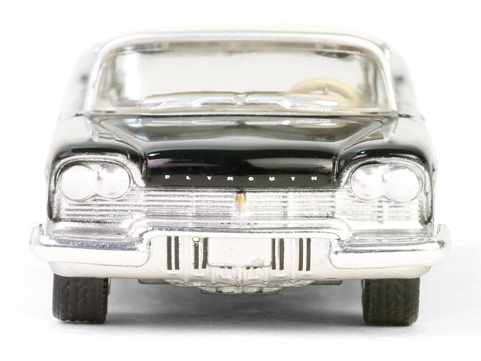 Alt View 2. Greenlight - 1957 Plymouth Belvedere Jet Black w/Sand Dune White Top & Stripes "Showroom Floor" Series 6 1/64 Model Car by Greenlight.