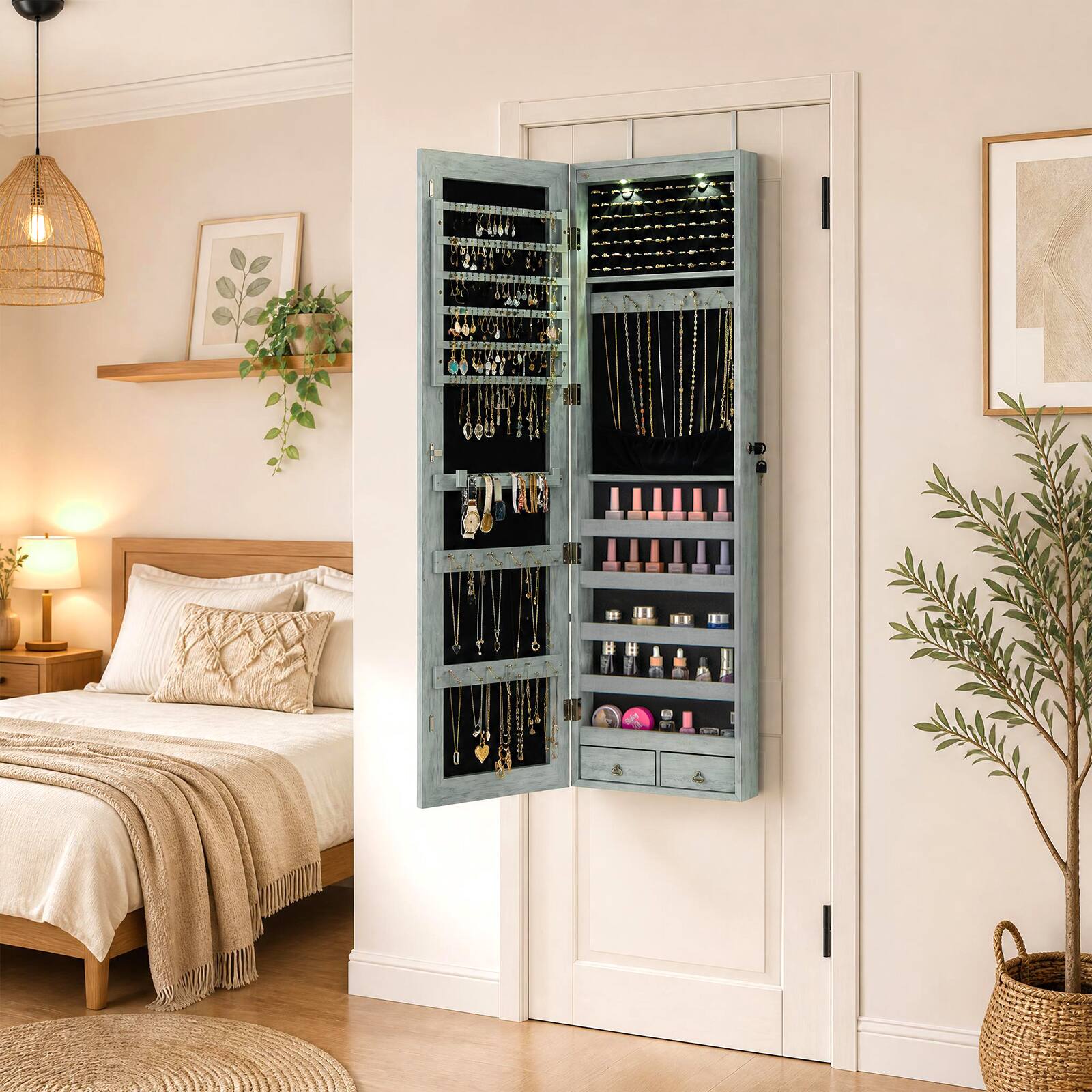 Alt View 4. Costway - Costway Mirrored Wall & Door Mounted Jewelry Cabinet Storage Organizer with  Lights&Drawer - Navy.