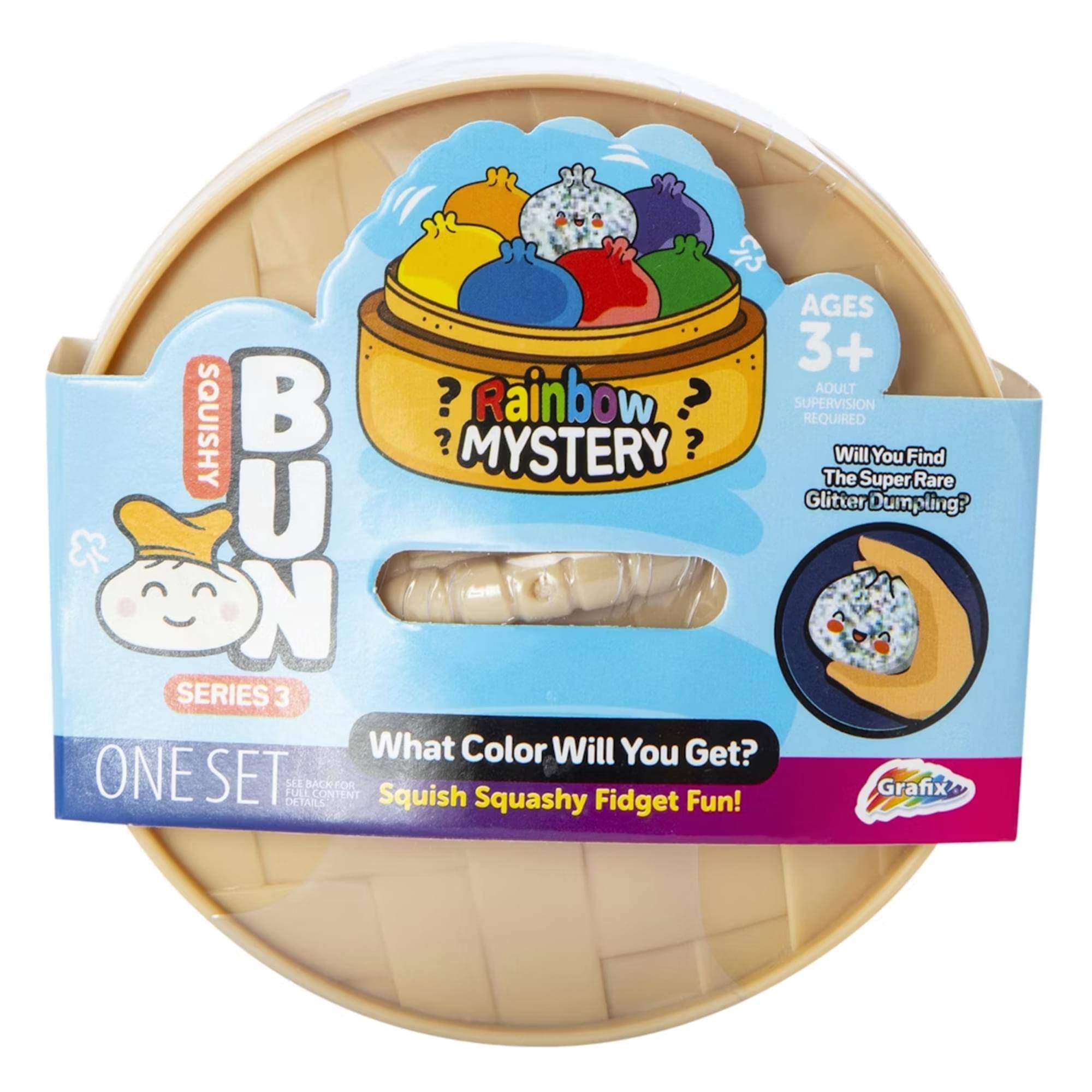 AGES 3+ ADULT SUPERVISION REQUIRED  
RAINBOW MYSTERY  
Will You Find The Super Rare Glitter Dumpling?  
BUX SERIES 3  
What Color Will You Get?  
ONE SET  
Squish Squashy Fidget Fun!  
Grafix