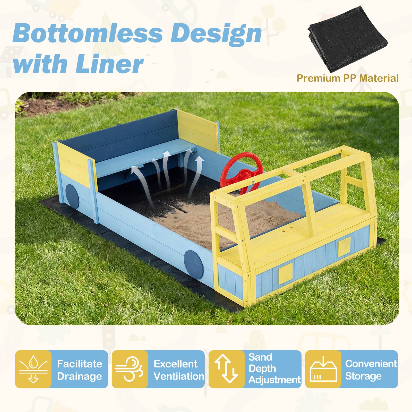 Bottomless Design with Liner

Premium PP Material

Facilitate Drainage  
Excellent Ventilation  
Sand Depth Adjustment  
Convenient Storage