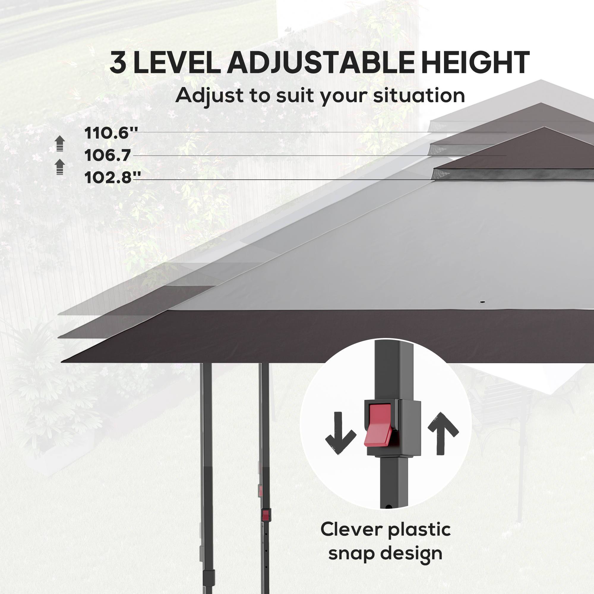 3 LEVEL ADJUSTABLE HEIGHT
Adjust to suit your situation
110.6"
106.7"
102.8"
Clever plastic snap design