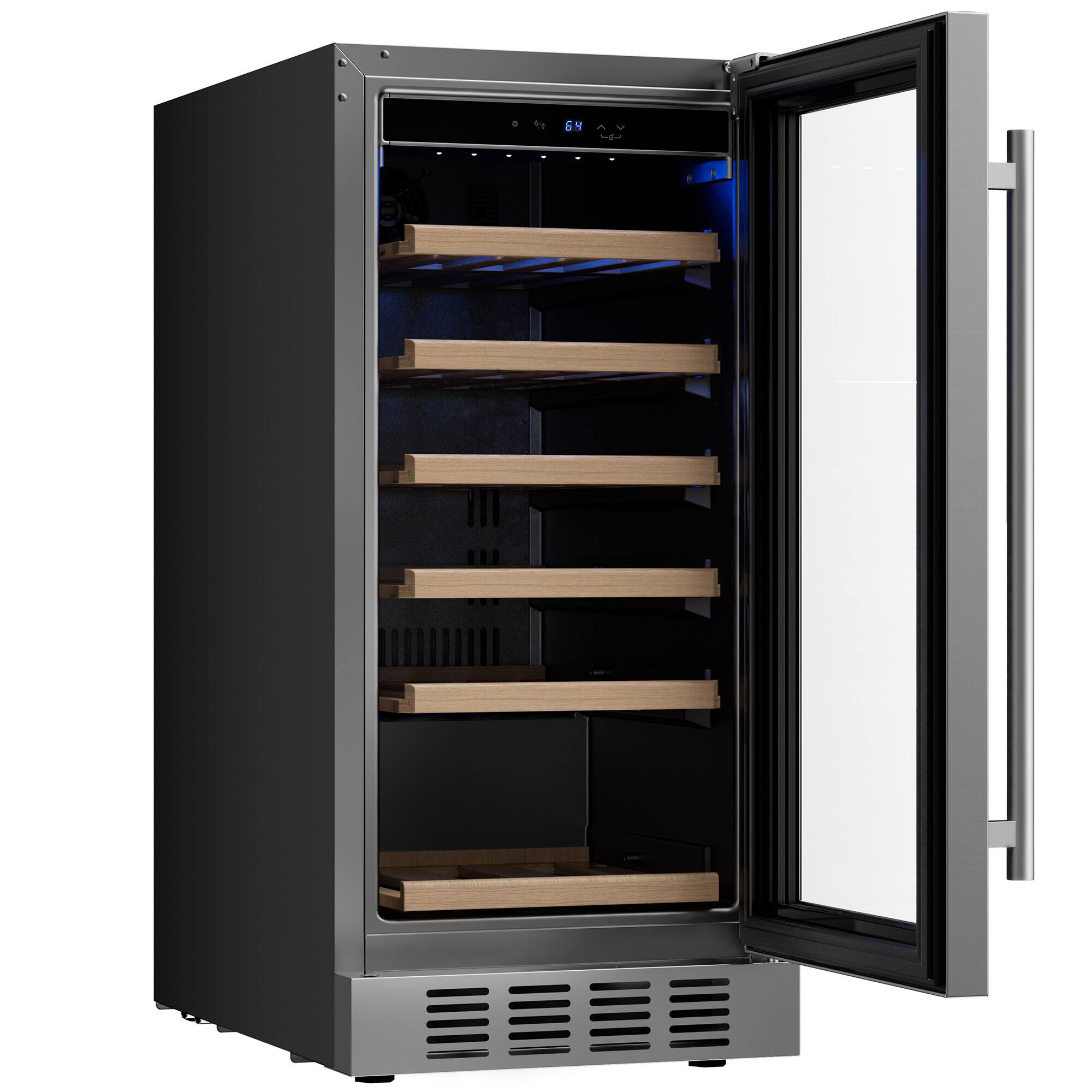 Left. Empava - 15 In. 13-bottle Wine Cooler With Compressor Cooling, 6 Beech Wood Shelves, Built-in/freestanding Wine Fridge In Black - Black.