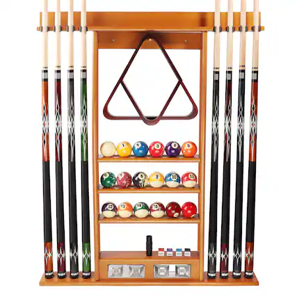 Front. GSE Games & Sports Expert - Wood 8 Wall Pool Cue Rack with Score Counter and Metal Hook, Billiard Pool Cue Rack Only - Oak - Oak.