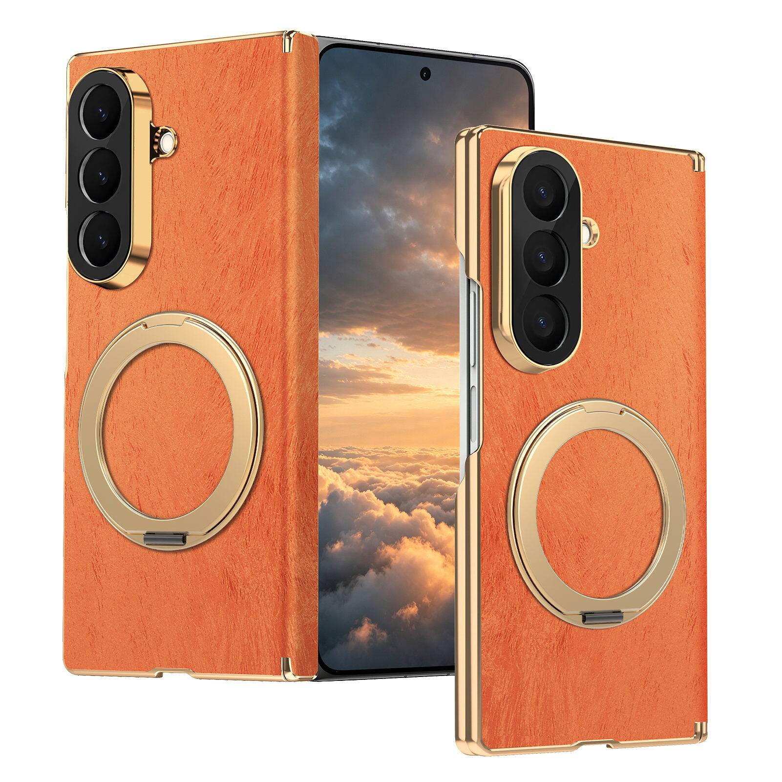 Front. Dteck - Shockproof Magnetic Case for Samsung Galaxy Z Fold8 Ultra with Ring Stand, Leather Texture Rigid Plastic Hinge Cover - Orange.