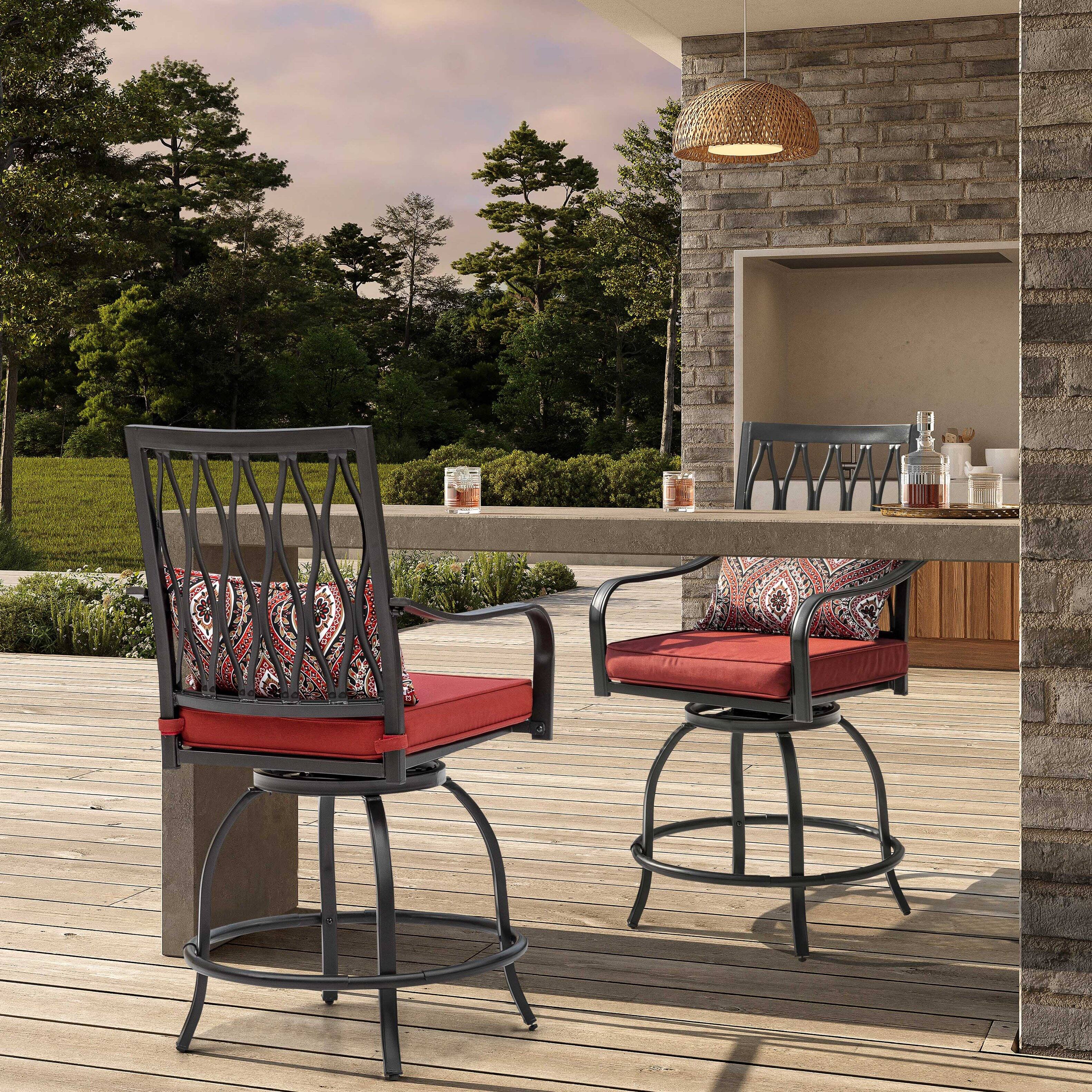Back. Nuu Garden - Outdoor Patio Swivel Bar Stool Set of 2 Iron Bar Height Bistro Chairs, with Padded Cushions and Extra Pillows - Black and Red.