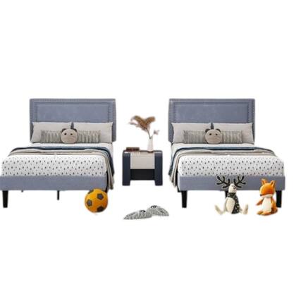 Front. Hivvago - Set of 2 - Twin size Grey Upholstered Platform Bed Frame with Headboard - Grey.