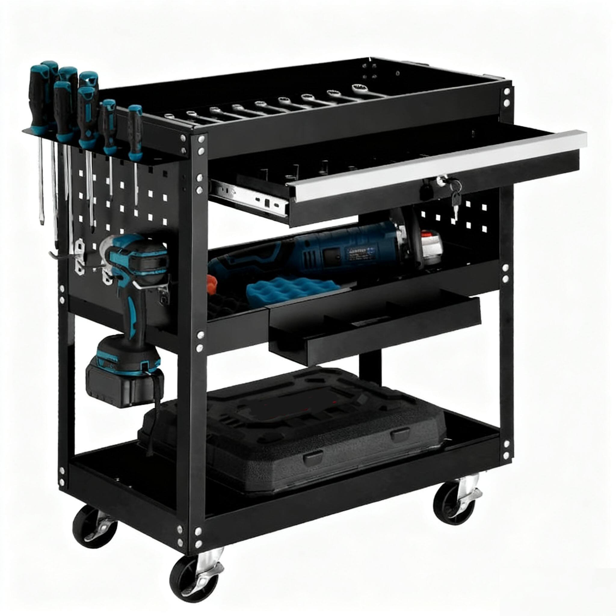 Silvel - 3-Tier Metal Rolling Tool Cart, 330 lbs Capacity, Heavy Duty Utility Cart, with Lockable Drawer - Black