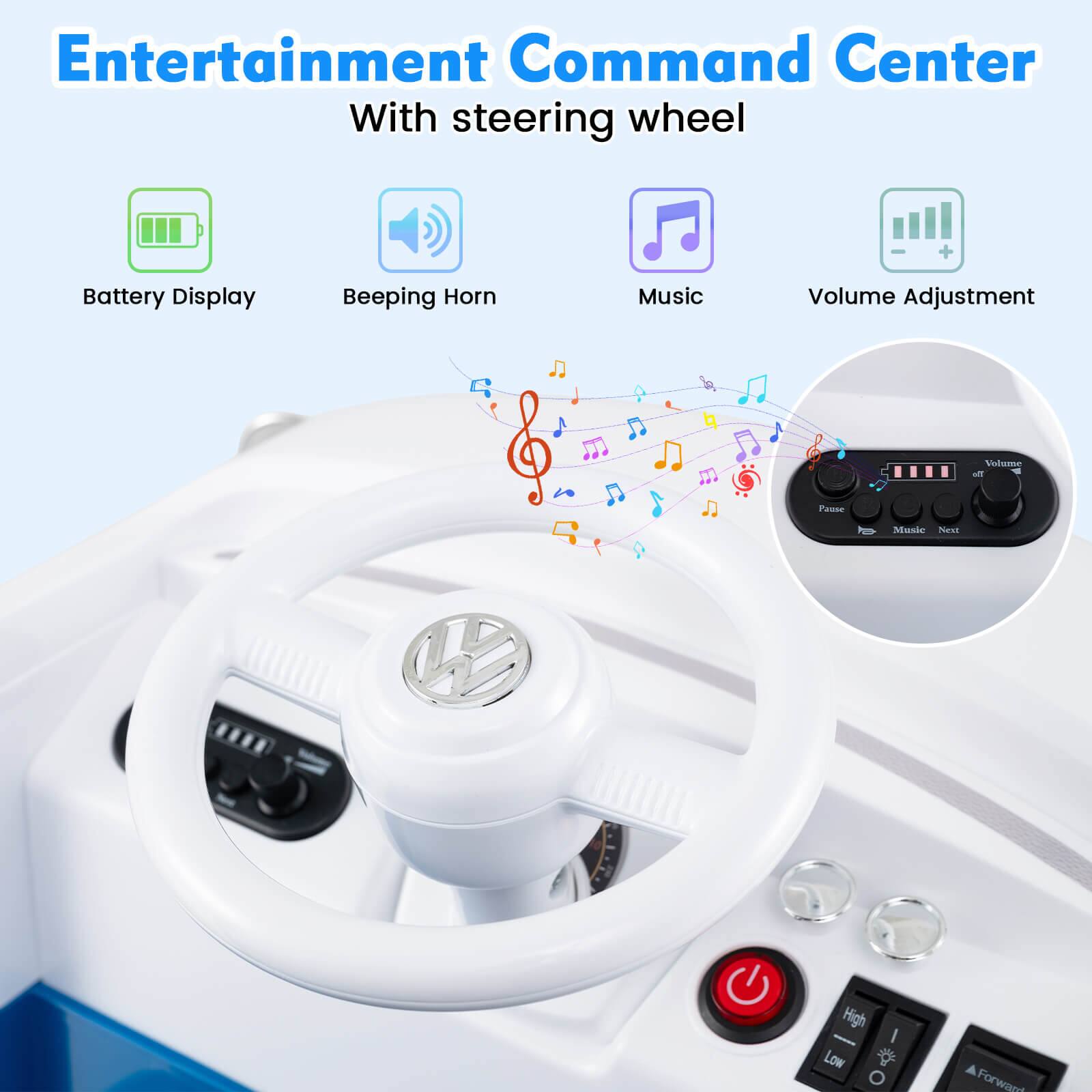 Entertainment Command Center  
With steering wheel  

- Battery Display  
- Beeping Horn  
- Music  
- Volume Adjustment  

Buttons:  
- Volume off  
- Pause  
- Music  
- Next  
- High  
- Low