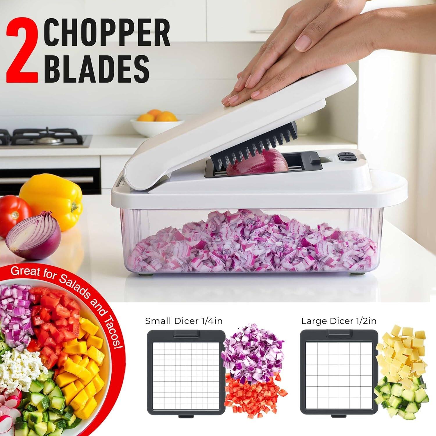 CHOPPER 2 BLADES, Great for Salads and Tacos!, Small Dicer 1/4in, Large Dicer 1/2in