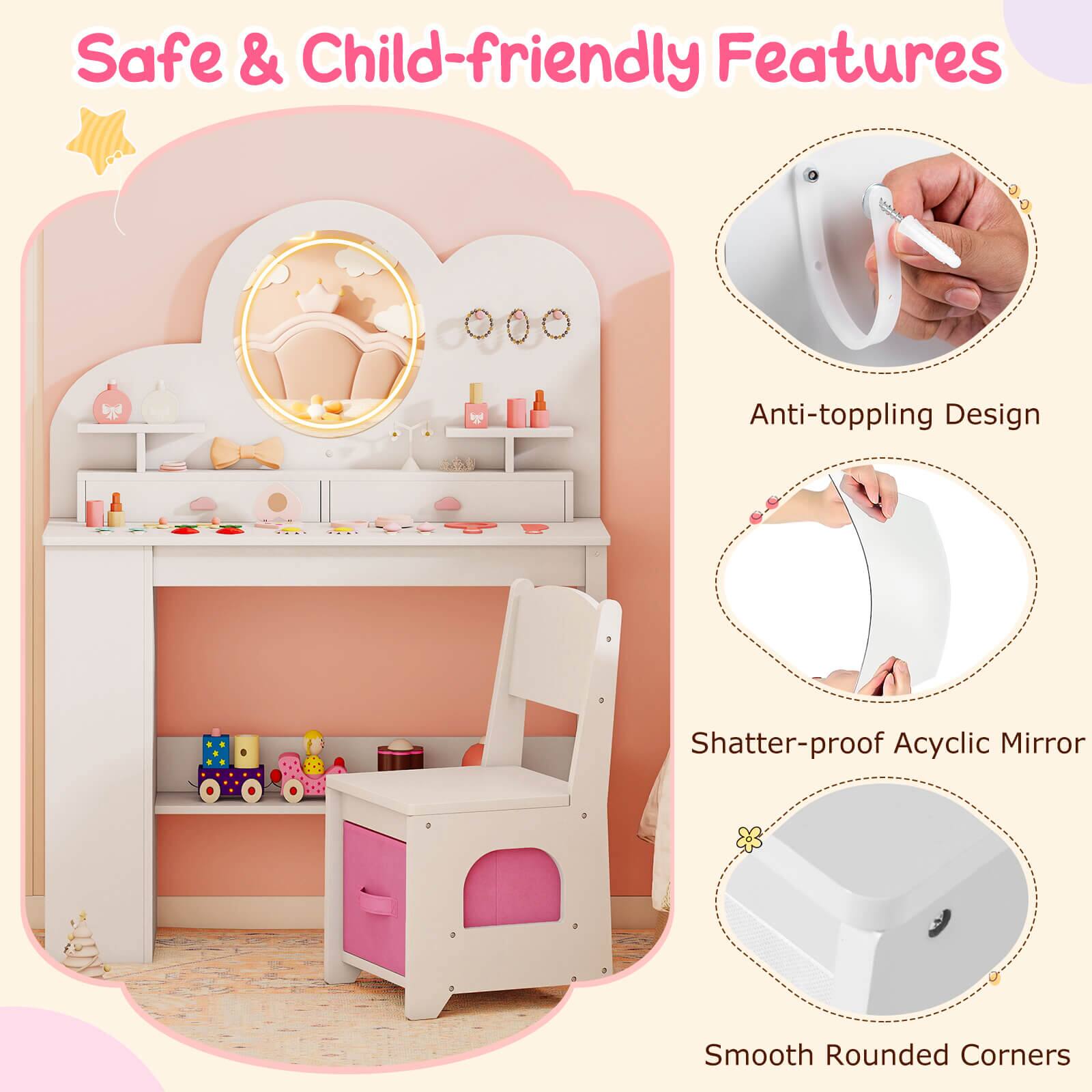Safe & Child-friendly Features

- Anti-toppling Design
- Shatter-proof Acrylic Mirror
- Smooth Rounded Corners