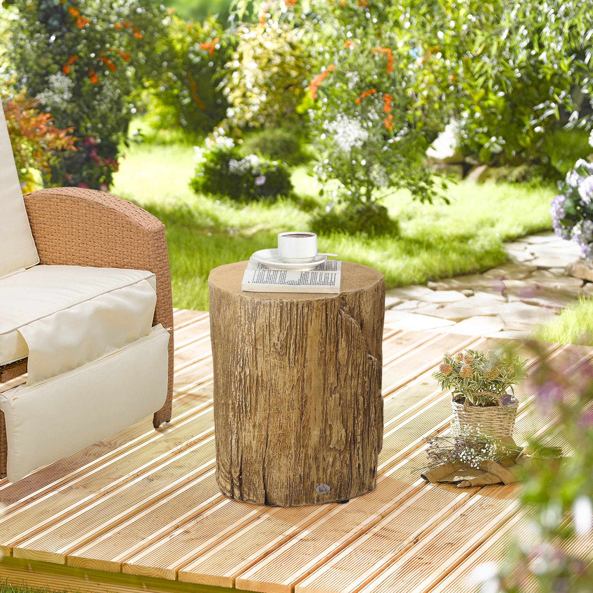 Alt View 2. Homcom - Tree Stump Stool, Side Table with Round Tabletop, Concrete End Table with Wood Grain Finish for Indoors & Outdoors - Natural Wood.