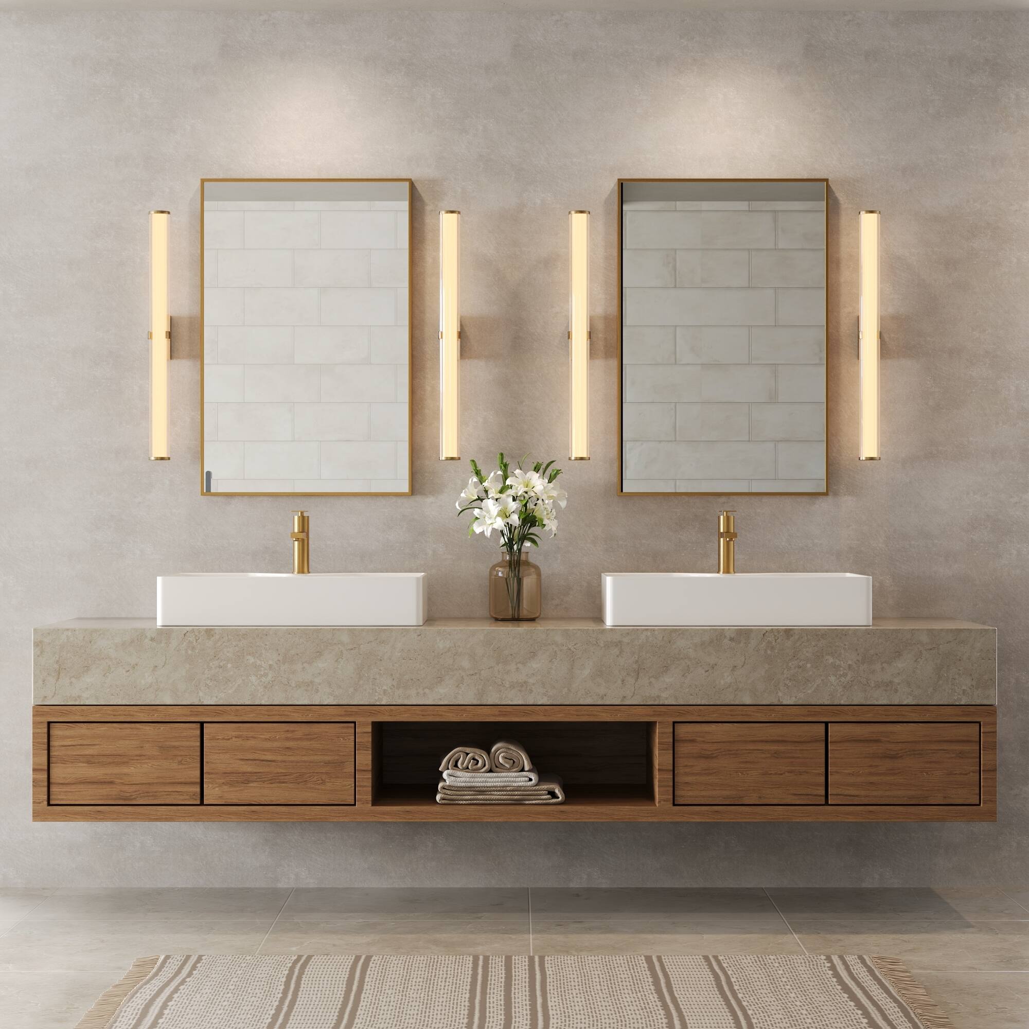 Angle. GRANDJOY - Single Handle Low-Arc Vessel Sink Faucet, 3.6 in. Flat Spout Height with Pop-Up Drain - Brushed Gold.