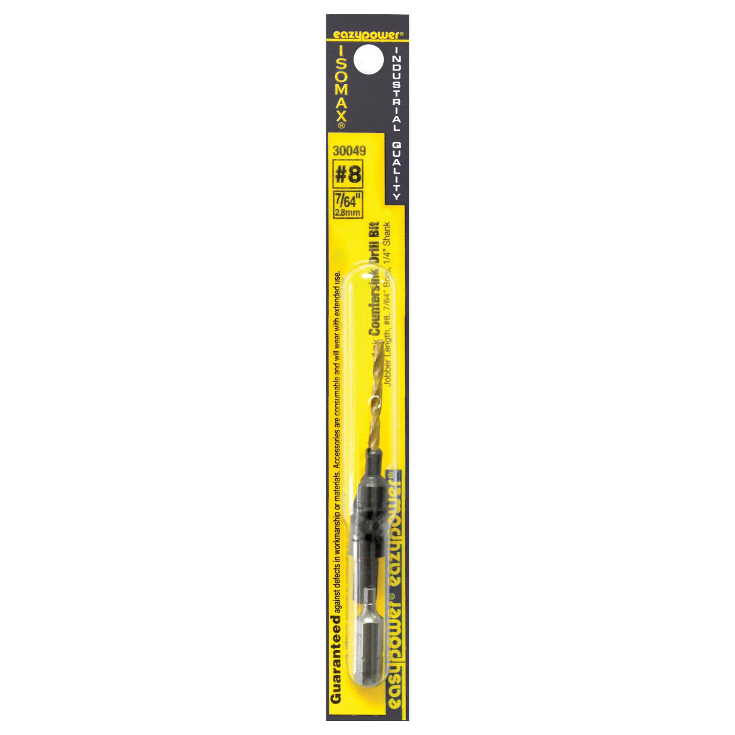 eazypower ISOMAX INDUSTRIAL 30049  
#8  
7/64" (2.8mm) Bit Shank Drill Countersink  
1/4" use Bore extended  
Length 1"  
DUE  
jaqgor consumable  
Accessories materials or defects workmanship in eazypower against Guaranteed eazypower